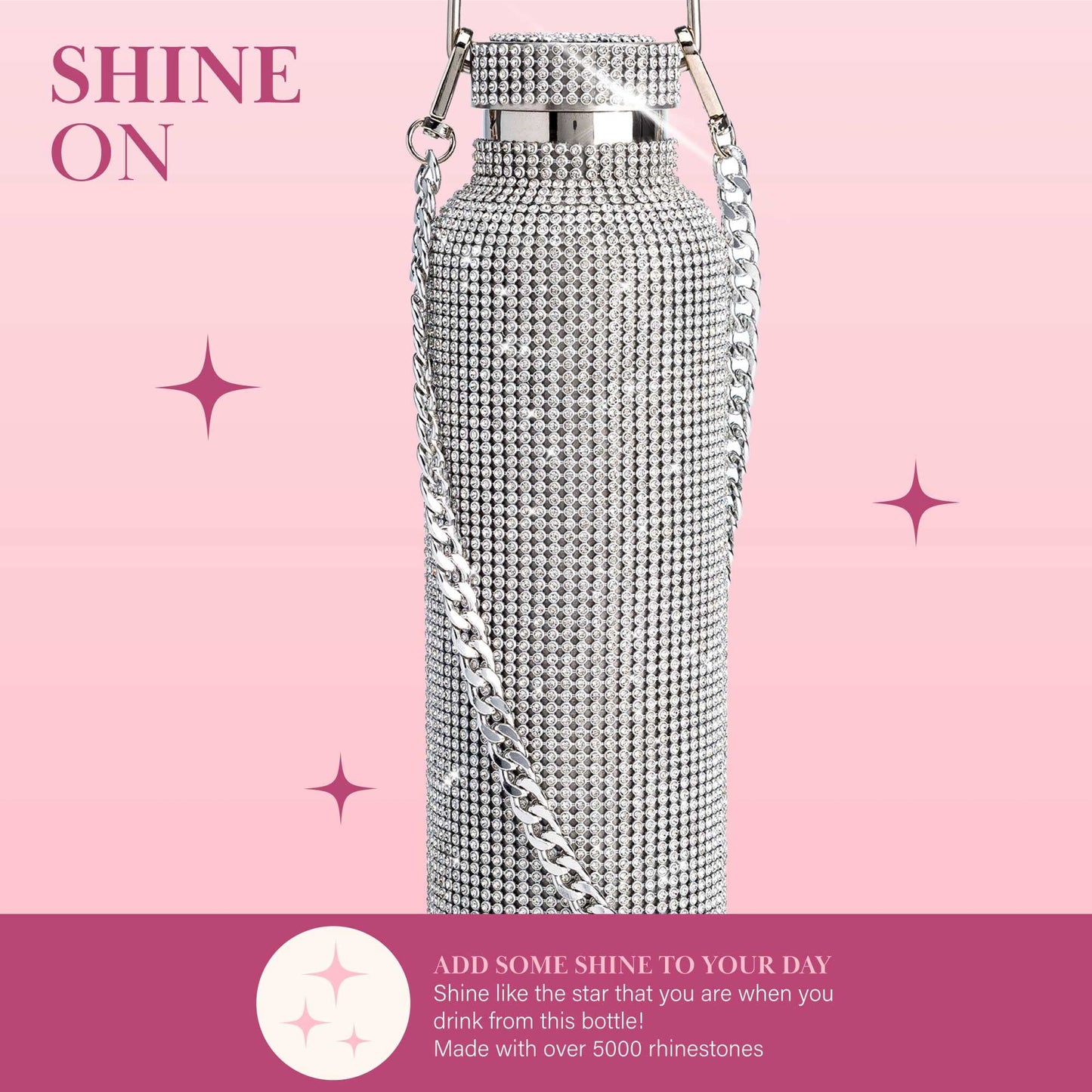 Paris Hilton Diamond Bling Water Bottle With Lid And Removable Carrying Strap, Stainless Steel Vacuum Insulated, Bedazzled With Over 5000 Rhinestones, 25-Ounce, Silver