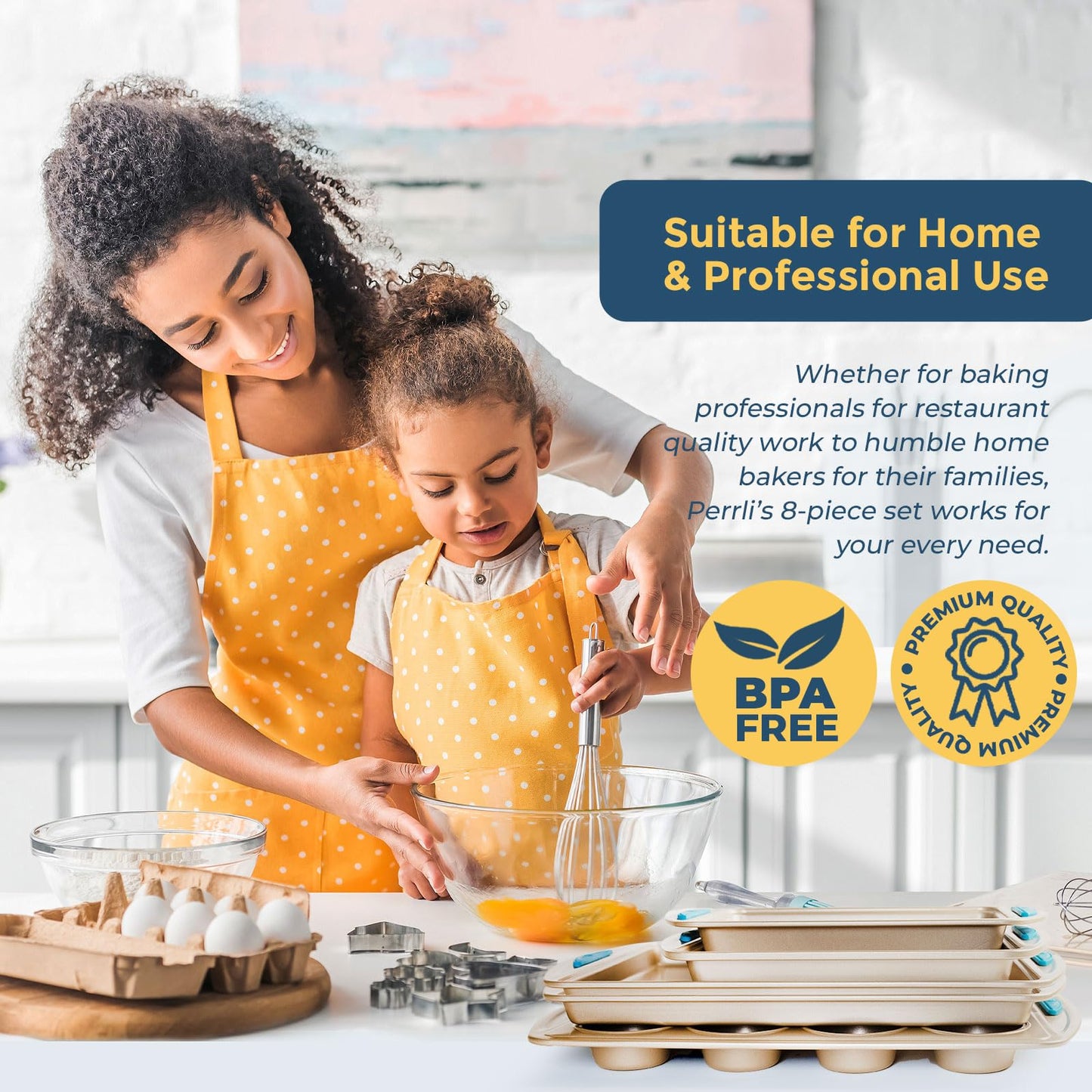 Perlli Baking Pan 10-Piece Set Nonstick Gold Steel Oven Bakeware Kitchen Set with Silicone Handles, Cookie Sheets, Round Cake Pans, 9x13 Pan with Lid, Loaf Pan, Deep Pan, Pizza Crisper, Muffin Pan
