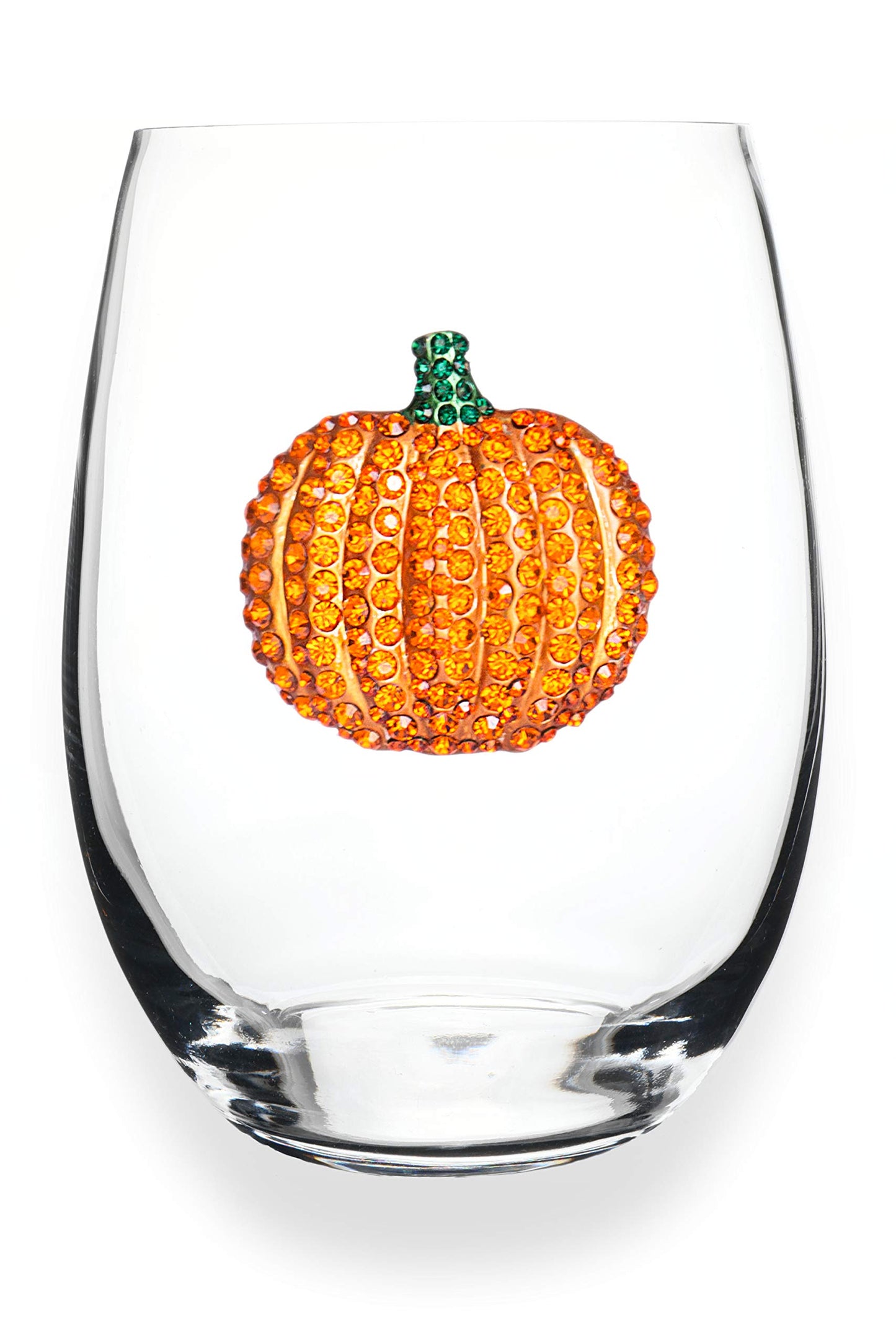 THE QUEENS' JEWELS Pumpkin Jeweled Stemless Wine Glass, 21 oz. - Unique Gift for Women, Birthday, Cute, Fun, Not Painted, Decorated, Bling, Bedazzled, Rhinestone