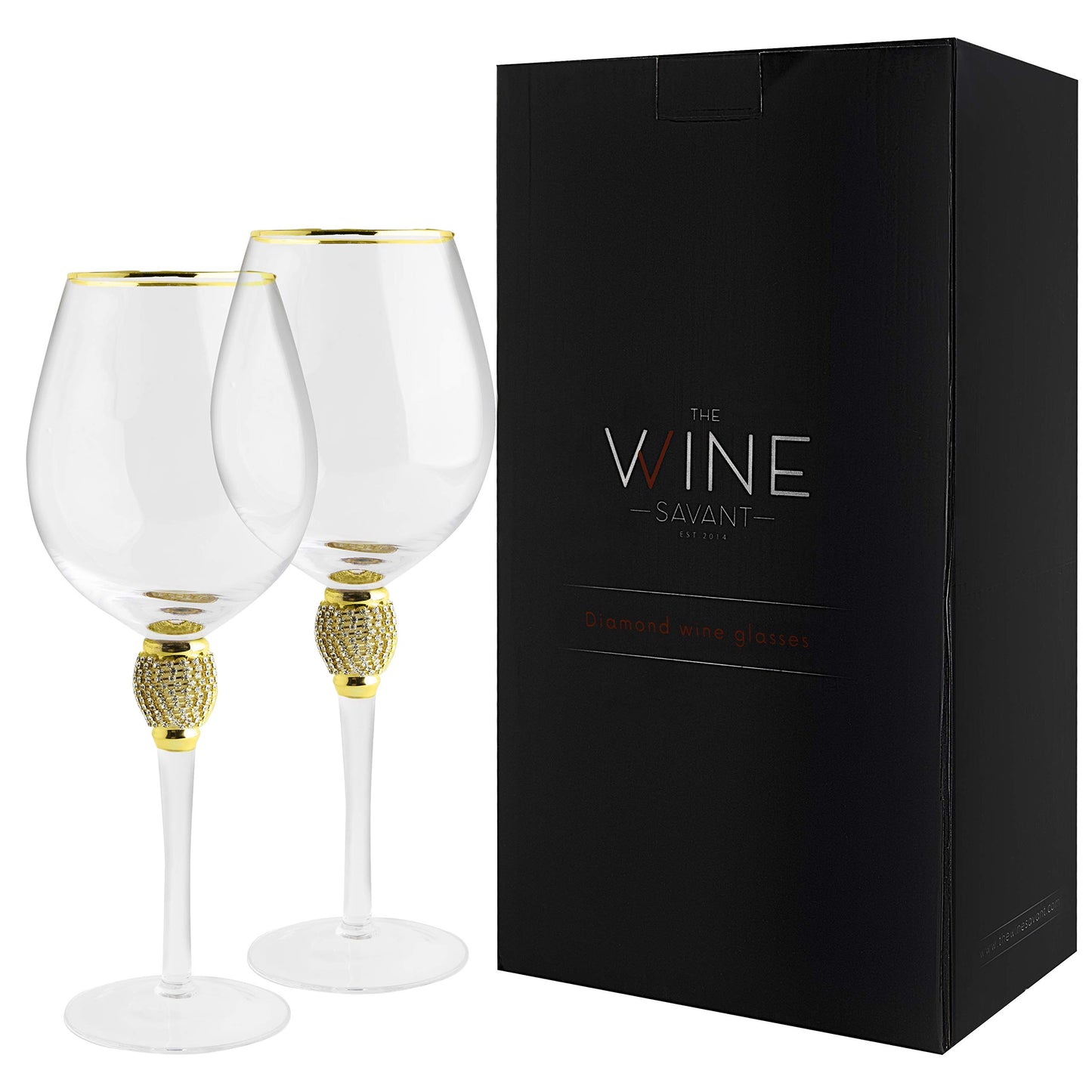 The Wine Savant Large Diamond Wine Glasses, Gold Rim Rhinestone Diamond Glasses - Wedding Glasses - 15 Ounce, Premium Designed Wine Glasses for Spirits and Wine, Gift Boxed (2, Clear)