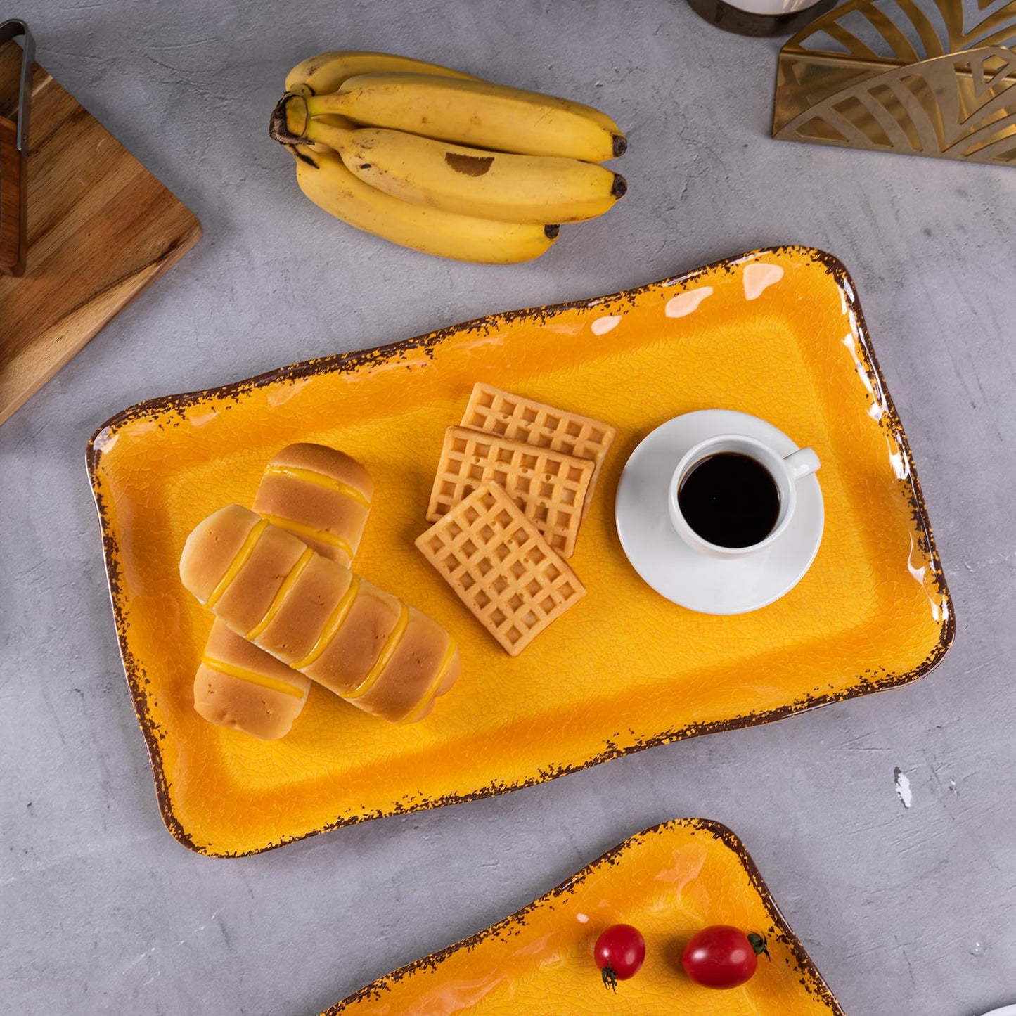Deep Gold Melamine Farmhouse Rectangular Serving Platter Sets, 17.5" x 10" Melamine Large Serving Tray Sets,100% Melamine, Dishwasher Safe, BPA Free, Lightweight and Unbreakable,Gold