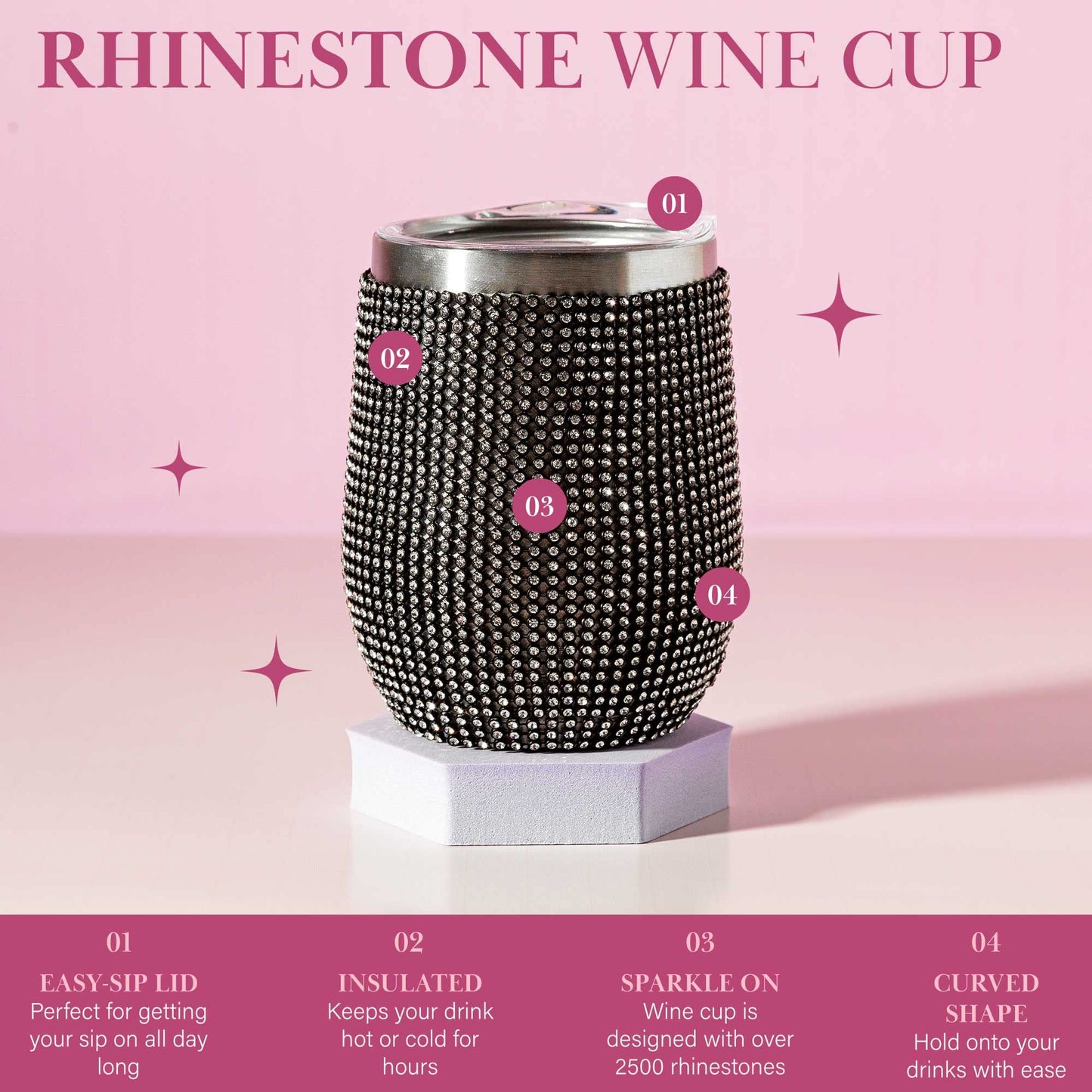 Paris Hilton Diamond Bling Wine Tumbler, Vacuum Insulated Stainless Steel with Easy Sip Lid, Bedazzled with Over 2500 Rhinestones, 12-Ounce, Black