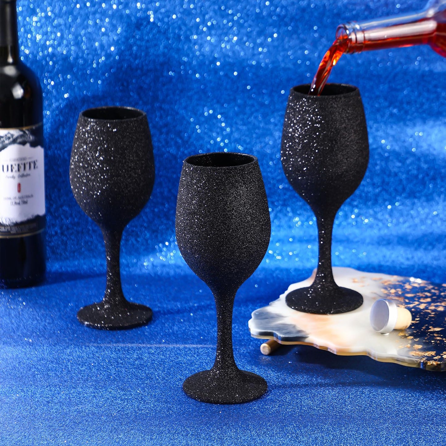 Singhoow Christmas Wine Glasses Set of 12, Glitter Long Stem Wine Glasses 13.5 oz Glitter Glass Wine Cups for Wedding, Anniversary and Home(Black)