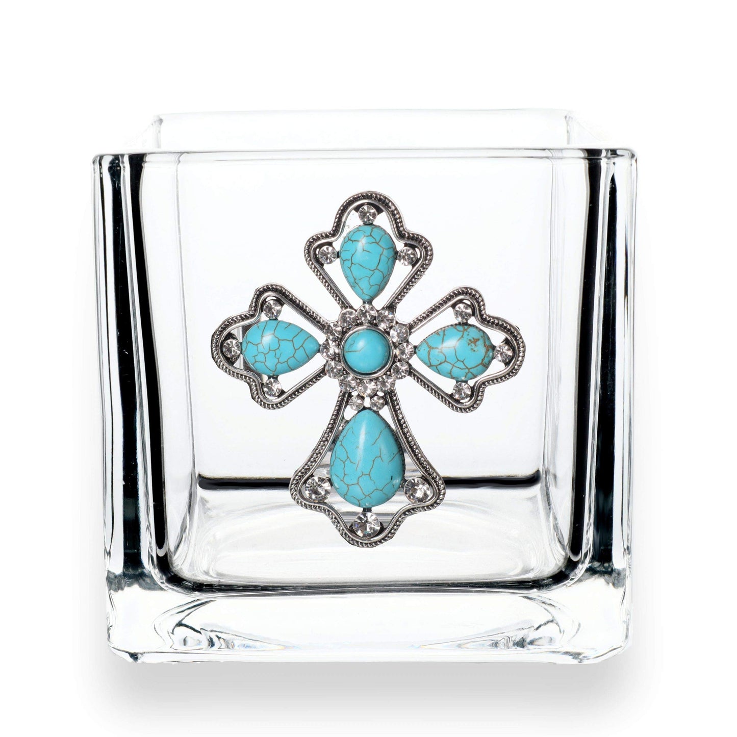 THE QUEENS' JEWELS Turquoise Teardrop Cross Jeweled 4x4 Candleholder Vase - Unique Gift for Women, Birthday, Cute, Fun, Not Painted, Decorated, Bling, Bedazzled, Rhinestone