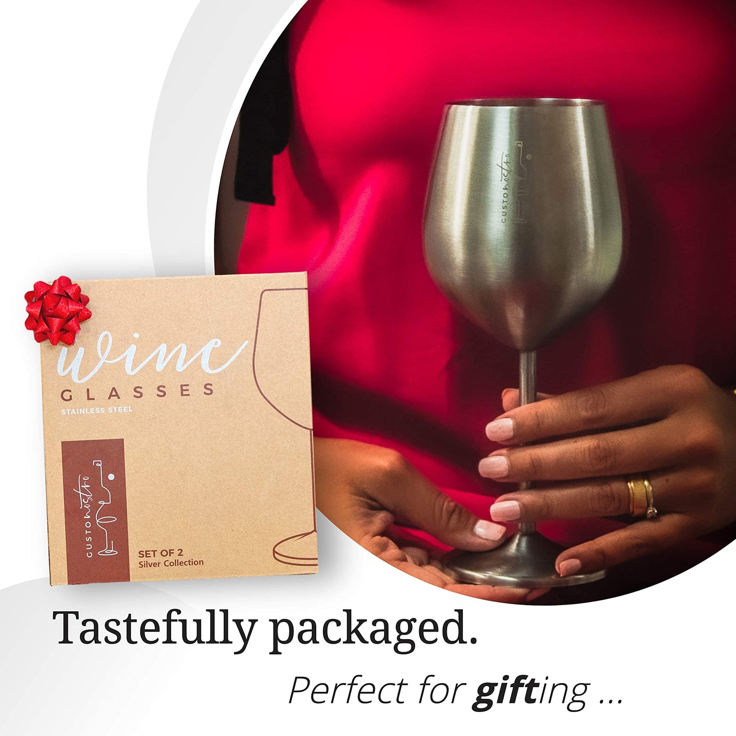 Gusto Nostro Stainless Steel Wine Glass - 18 oz - Cute, Unbreakable Wine Glasses for Travel, Camping and Pool - Fancy, Unique and Cool Portable Metal Wine Glass for Outdoor Events, Picnics (Set of 2)