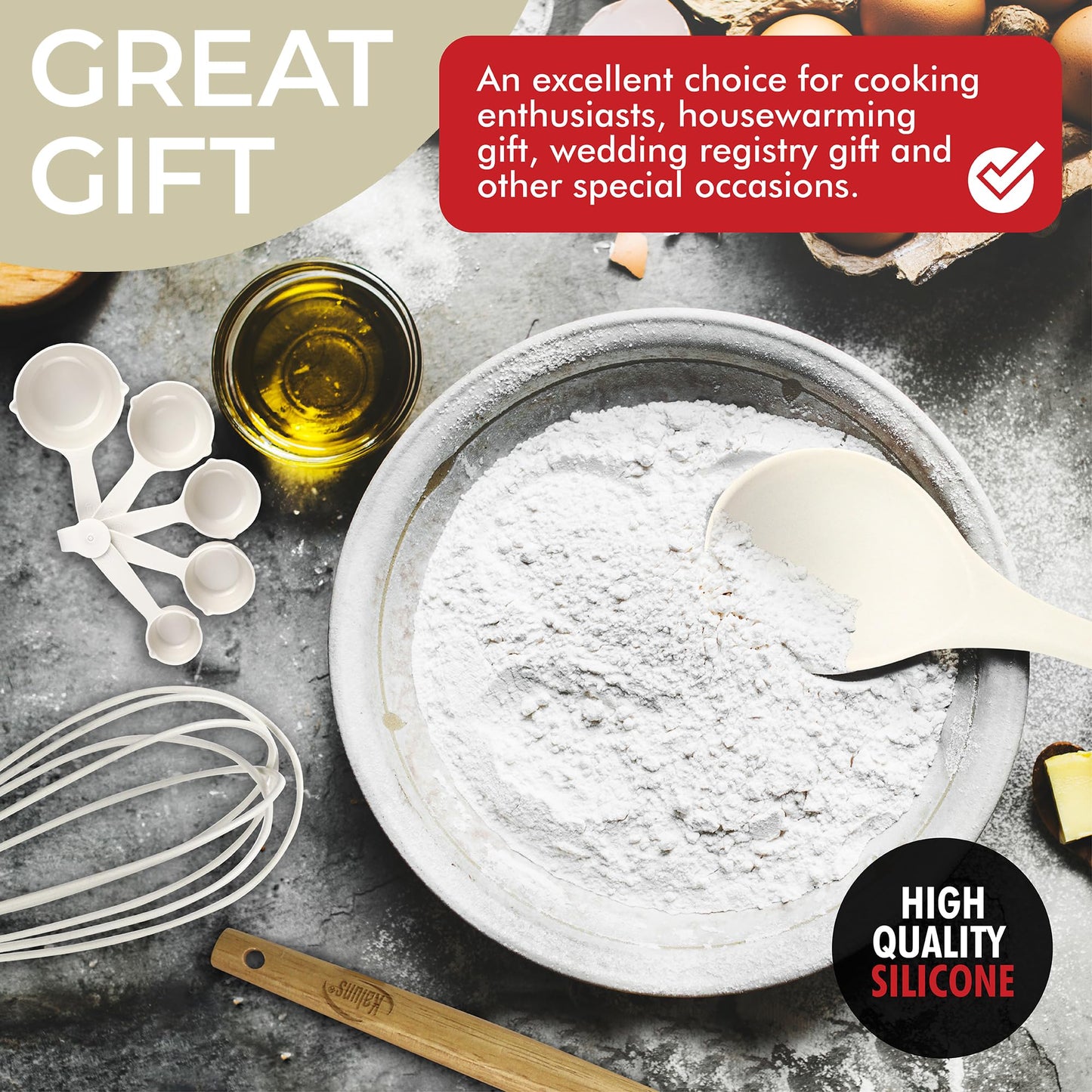 White 50-Piece Silicone Kitchen Utensils Set - Mothers's Day Gifts for Moms, Wives, Dads and Husbands - Complete Kitchen Set 800°F Heat-Resistant Non-Stick Premium Silicone Cooking Utensils with Wooden Handles