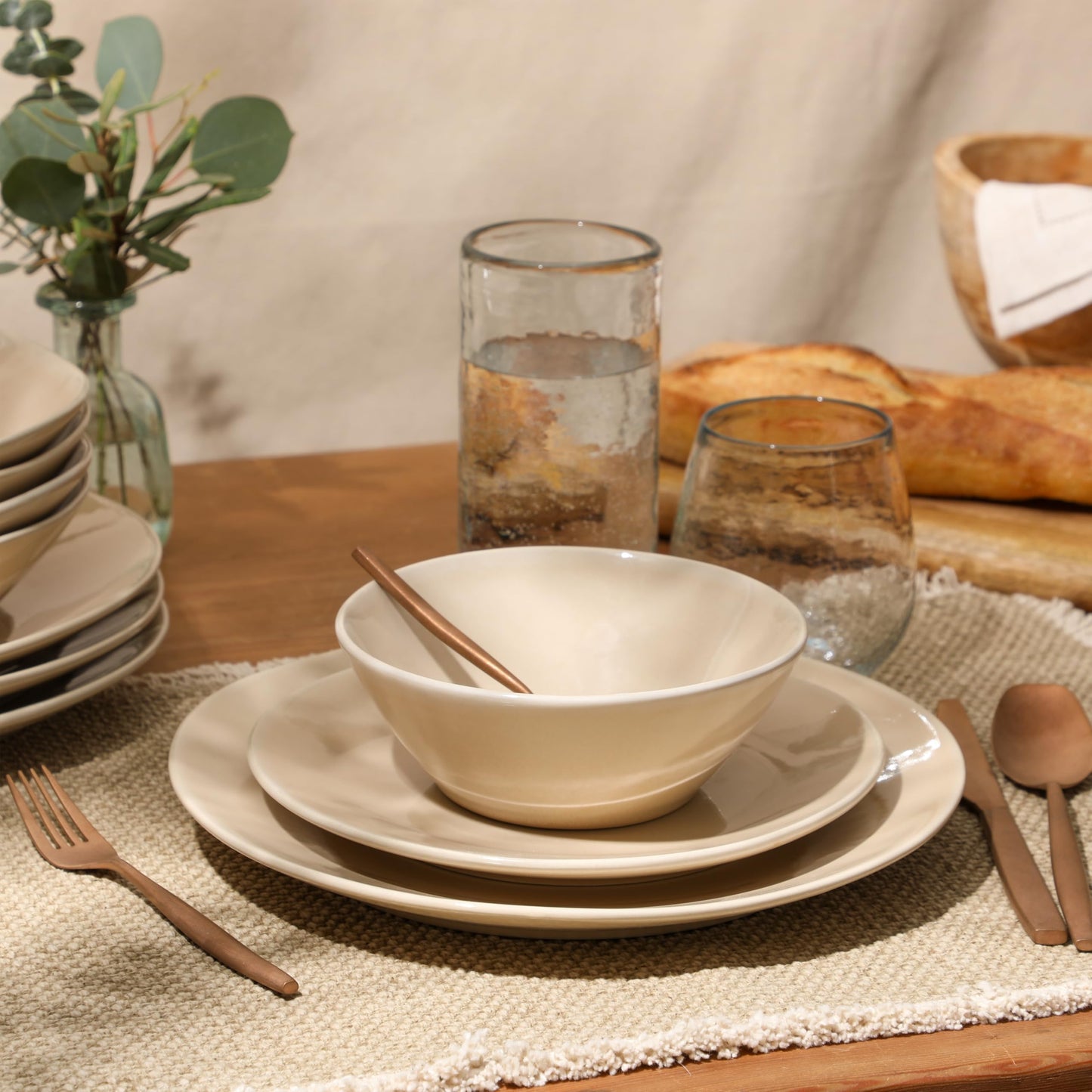 Bloomhouse - Oprah's Favorite Things - Montecito Breeze 16 Piece (Service for 4) Double Plates and Bowls Stoneware Reactive Glaze Dinnerware Set - Marble Dawn Cream