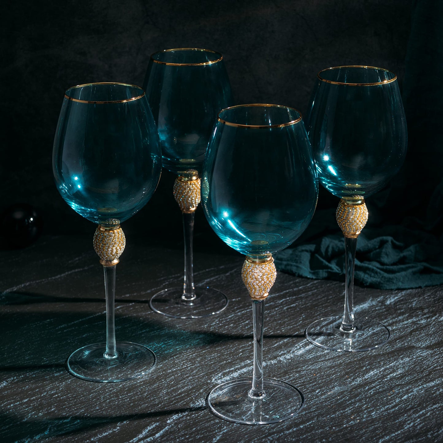 Large Blue Diamond Wine Glasses, Winter & Weddings, 10" H Gold Rim Rhinestone DIAMOND Studded Glasses - Wedding Glasses - 18oz, Premium Bling Designed Glassware, Crystal Long Stem Glass