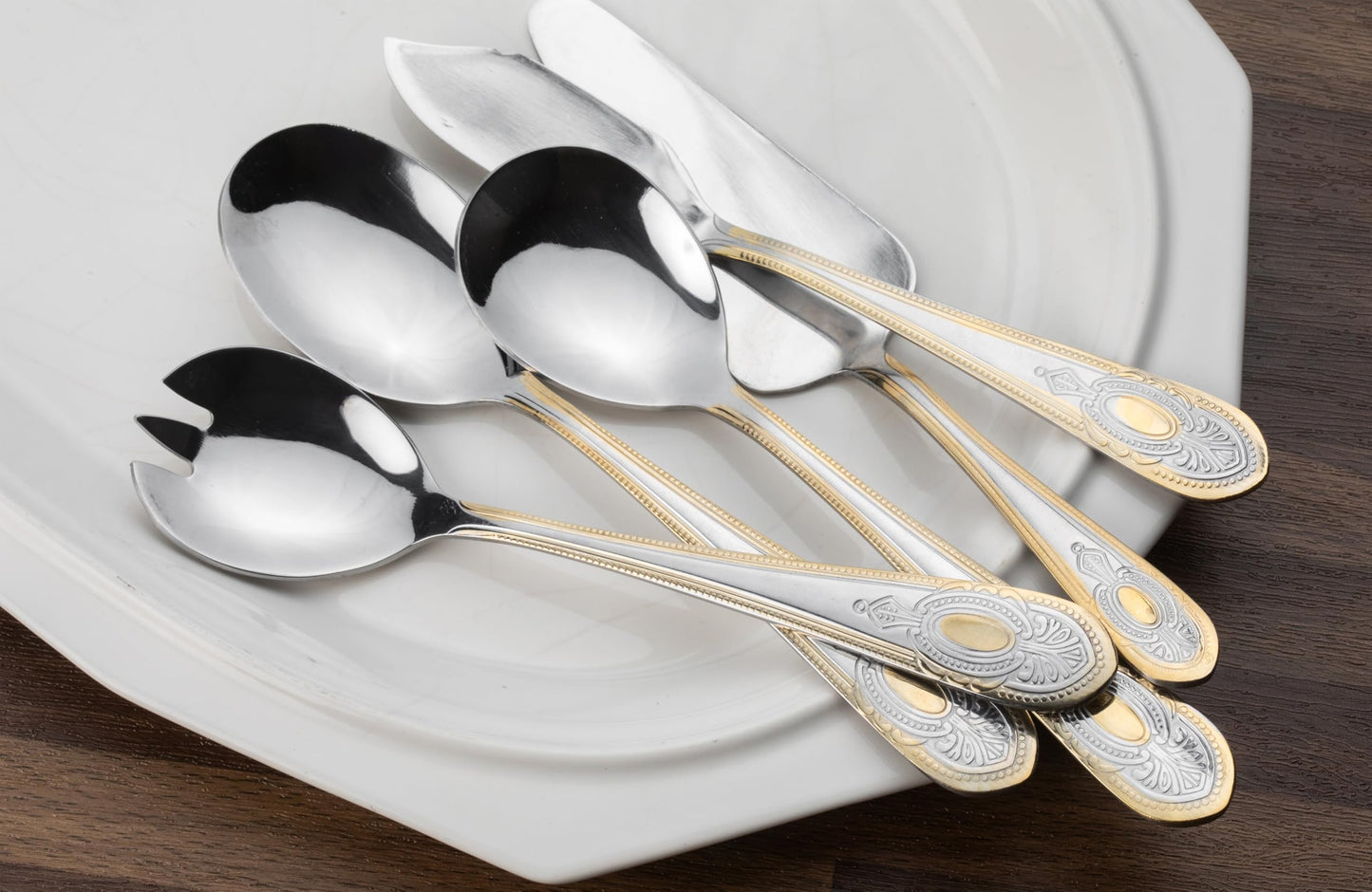 5 Piece Hostess Set - 18/10 Stainless Steel Serving Utensil Set - Gorgeous Vintage Handle with Gold Detailing - Dishwasher Safe - Silver and Gold Flatware Hostess Serveware (Amalfi)