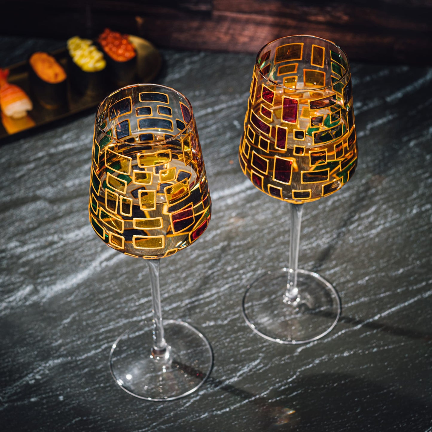 Artisanal Hand Painted Stemmed Wine Glasses - Gift for, Friends, Girlfriends, Sagrada Renaissance Stain-glassed Windows Wines Glass Set of 2 - Gift Idea for Birthday, Housewarming, Extra Large Goblets