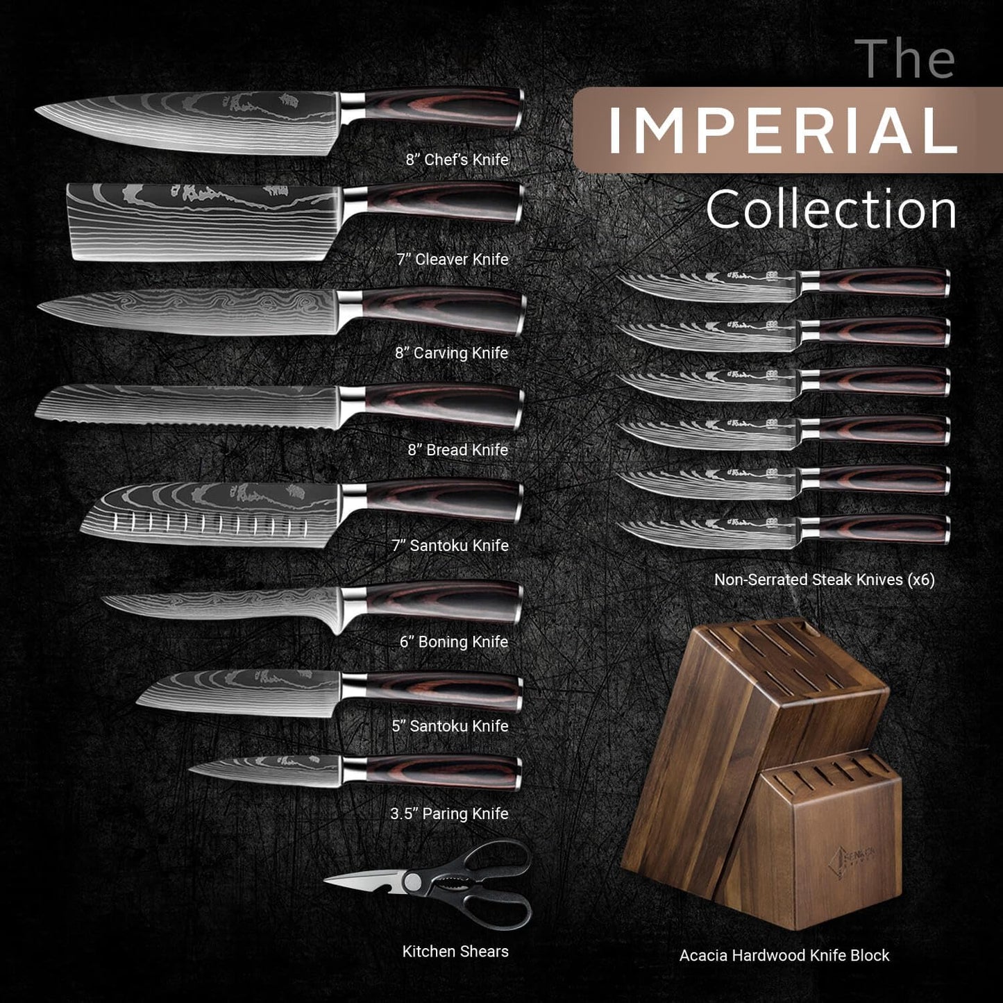 SENKEN 16-Piece Acacia Wood Knife Block Set with Laser Damascus Pattern - Includes Steak Knives, Kitchen Shears, Chef's Knife, Santoku, Cleaver & More