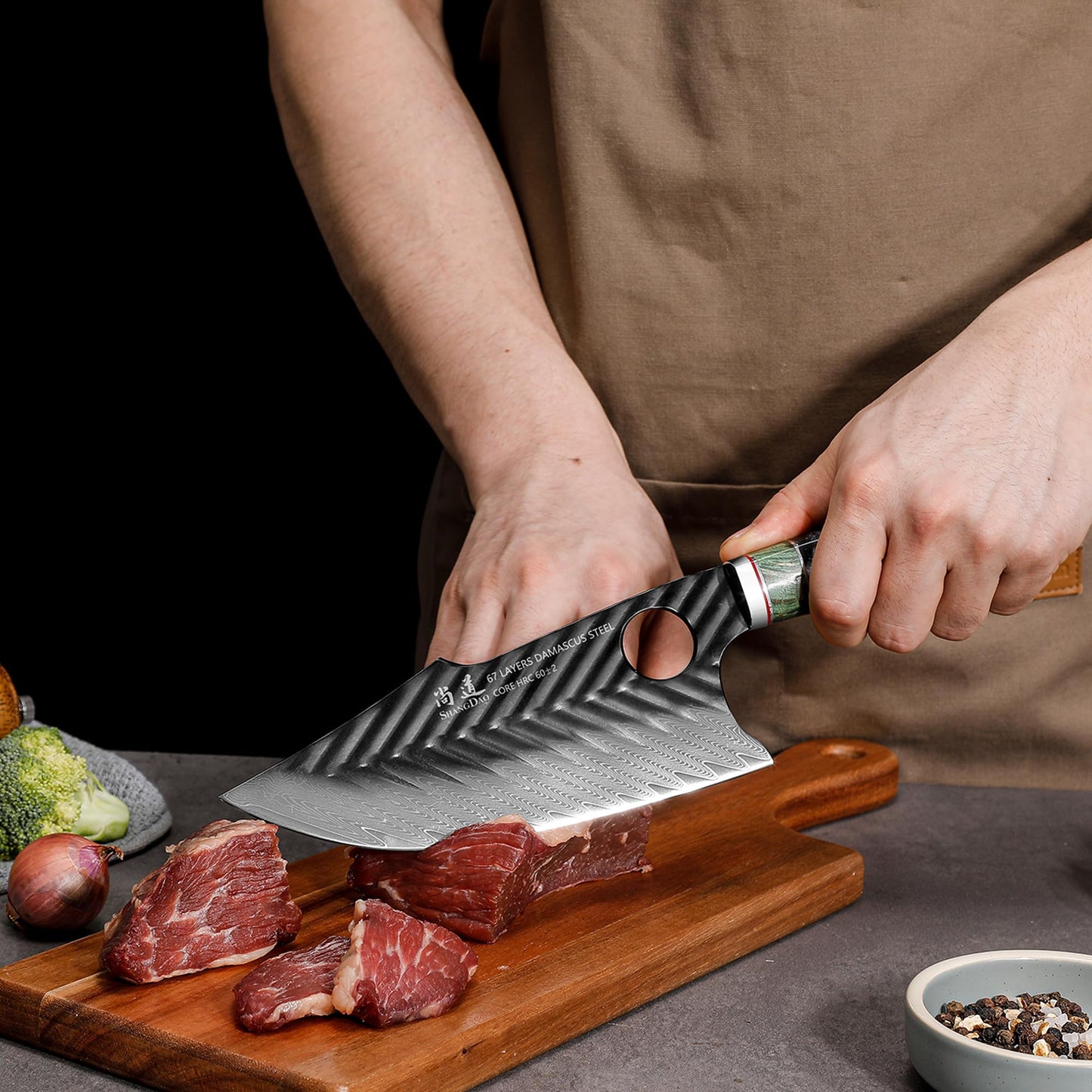 Damascus Butcher Knife 7-Inch, Viking Cleaver Kitchen Knives with Leather Sheath - 67 Layers Alloy Steel with Professional Hand-Forged Resin & Wood Handle QILIN Series