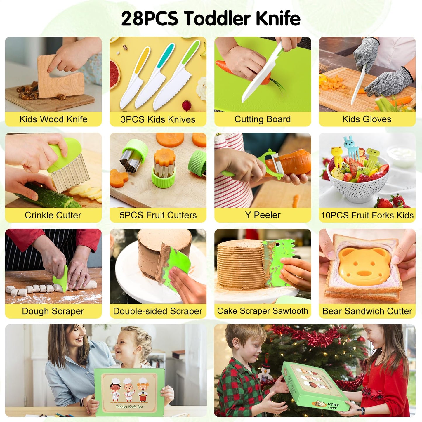 28-Piece Toddler Knife Set - Kids’ Knives for Real Cooking, Montessori Kids Kitchen Knife Set with Cutting Board Crinkle Cutters Kid Safe Knives, Toddlers Kitchen Tools for Age 2-10 Year Old Girl Boy