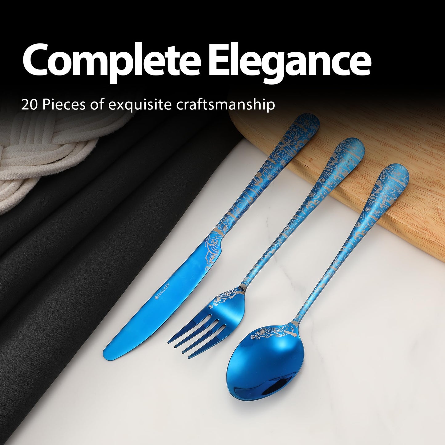 Blue Wave Cutlery Set - 20 Pieces of Stainless Steel Flatware Set Service for 4 Utensils For Home Kitchen Wedding Laser Engraved Dishwasher Safe All Blue