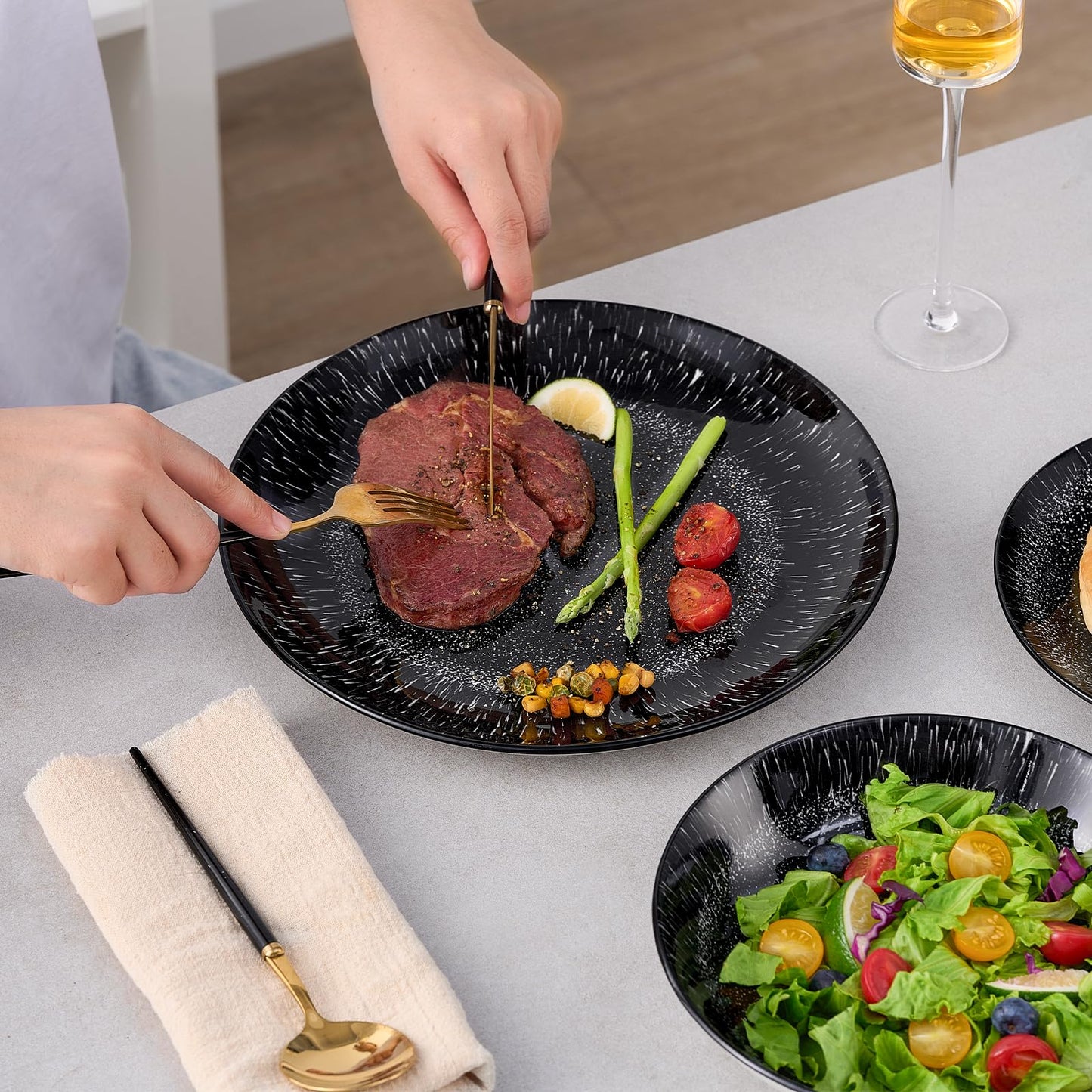 Bestone Plates and Bowls Sets,12 Pieces Round Porcelain Dinnerware Sets,Dishes, Plates, Dishware Sets,Chip Resistant Ceramic Dish Set Dining Dinner Ware Service for 4,Starry Sky Black