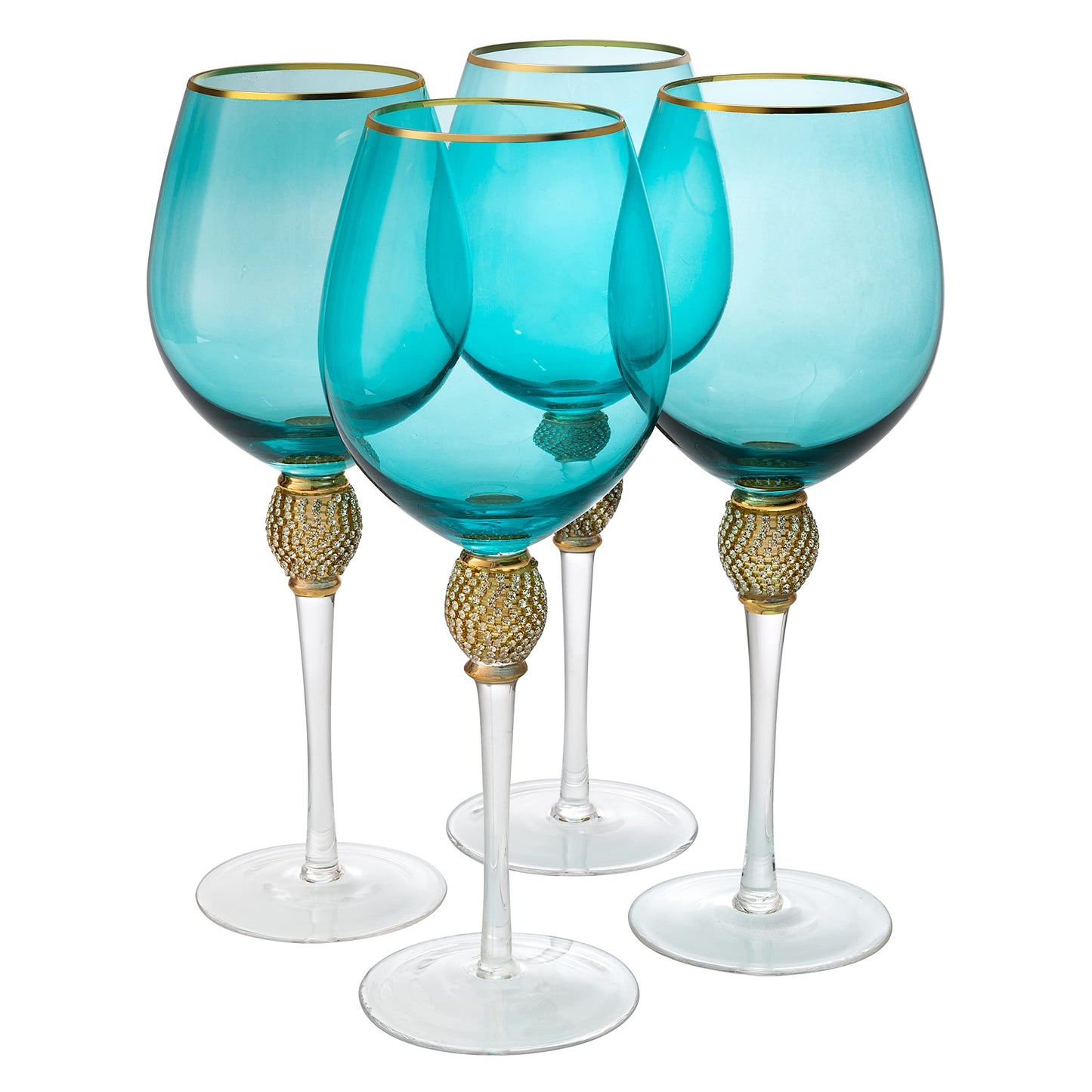 Large Blue Diamond Wine Glasses, Winter & Weddings, 10" H Gold Rim Rhinestone DIAMOND Studded Glasses - Wedding Glasses - 18oz, Premium Bling Designed Glassware, Crystal Long Stem Glass