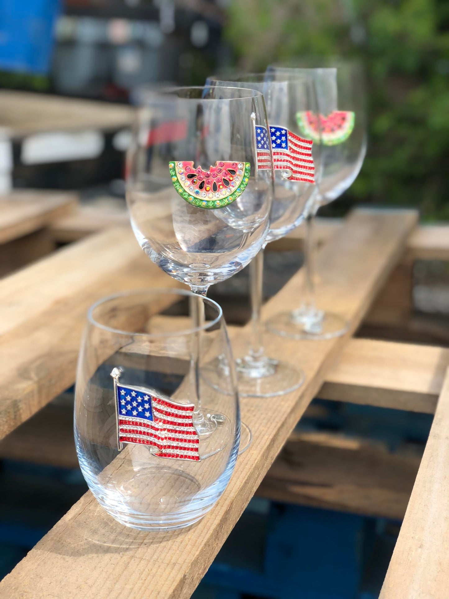 American Flag Jeweled Stemless Wine Glass, 21 oz. - Unique Gift for Women, Cute, Fun, Fourth of July, Not Painted, Decorated, Bling, Bedazzled, Rhinestone