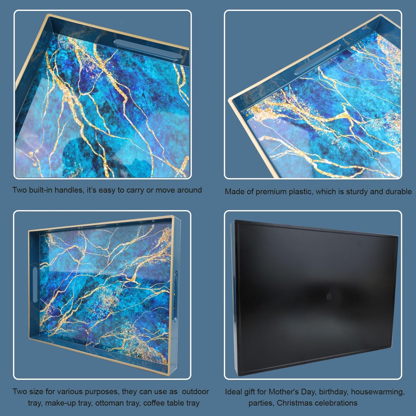 Vibrant Blue and Gold Marble Decorative Plastic Serving Trays with Handles for Living Room, Coffee Table, Ottoman, Bathroom, Kitchen, Large 15.7”*11.8”*1.6"