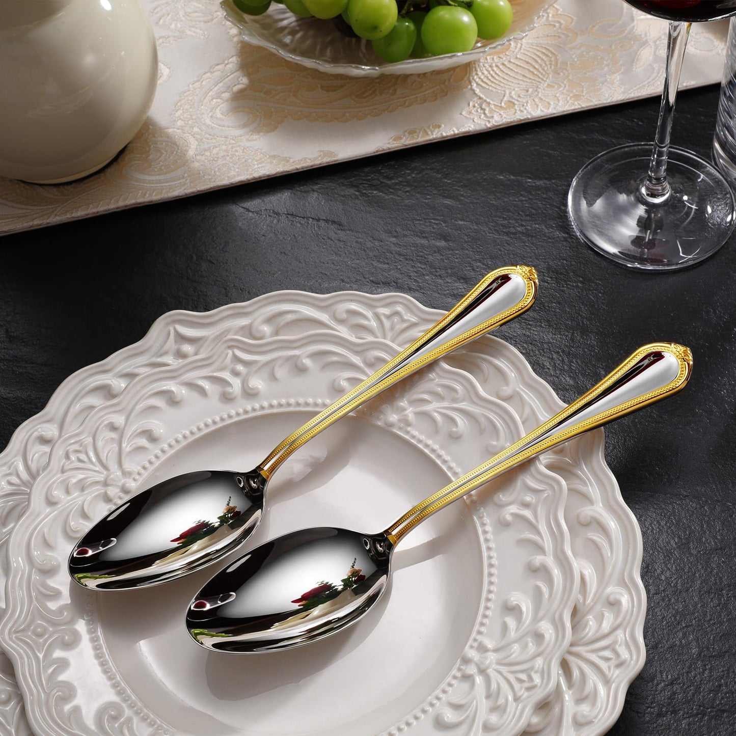 KEAWELL Pearl Edge Premium Serving Spoon Set, 18/10 Stainless Steel, 9" Fine Hostess Utensils with Refined Bead Design, Brightly Polished, Gold Accent, Dishwasher Safe (2 Serving Spoons)
