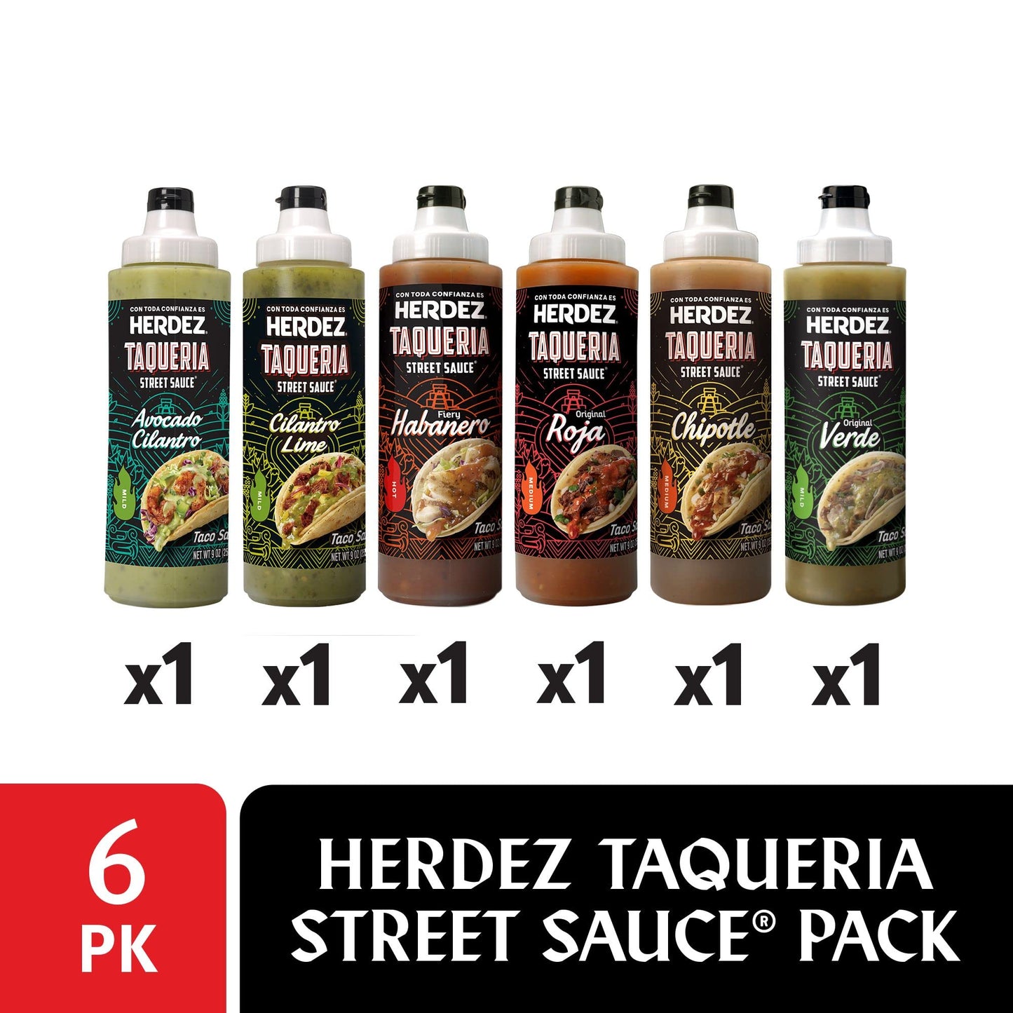Herdez Taqueria Street Sauce Variety Pack, Habanero, Verde, Roja, Chipotle, Avocado Cilantro, Cilantro Lime, 9 Oz. Bottles (6 Pack)