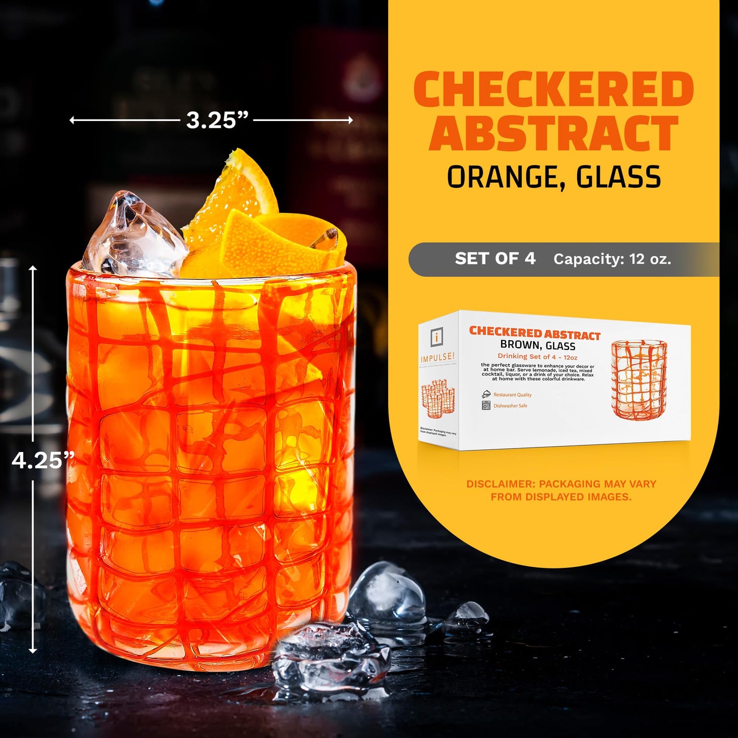 IMPULSE! Checkered Abstract Orange Drinking Glasses Set of 4 - Classic Old Fashioned, Negroni, Scotch, Mixed Cocktails - Versatile for Soft Drinks - Dishwasher Safe - Drinkware Glasses Set