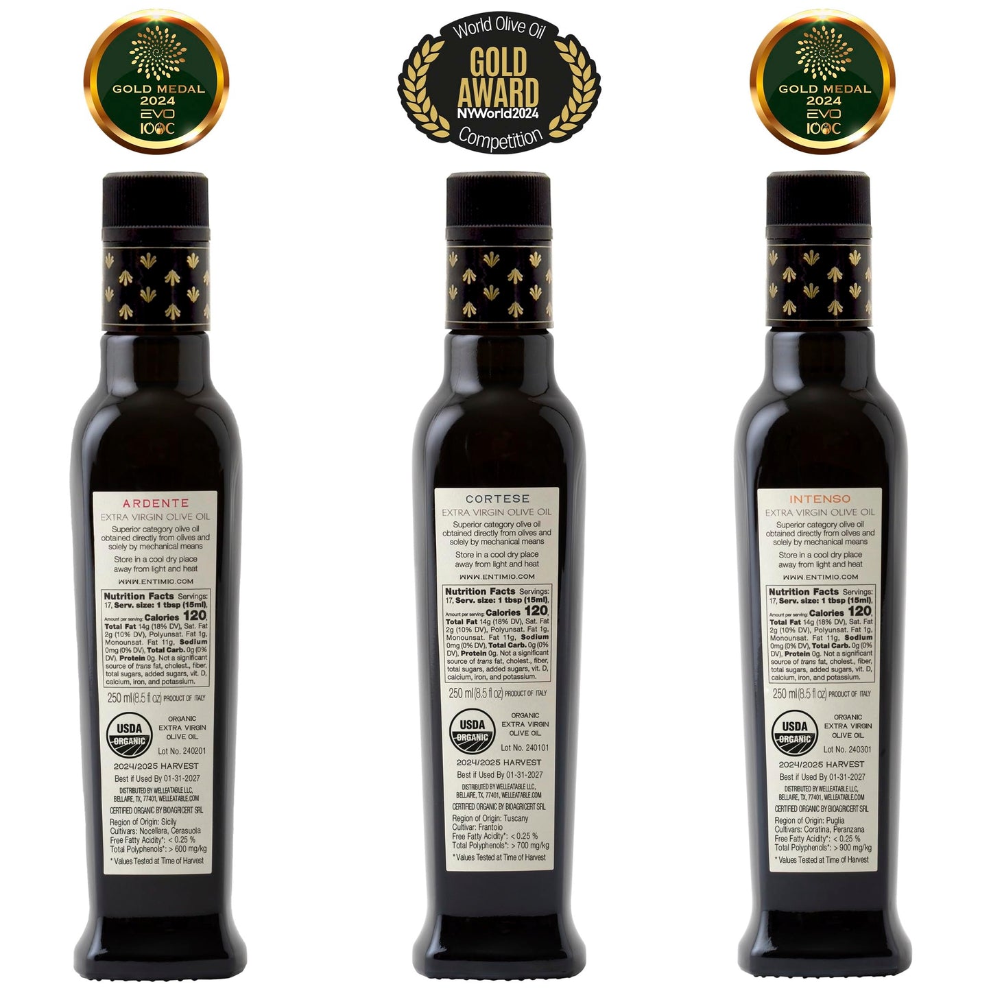 Entimio Collection +600 to +900 mg/kg Organic Extra Virgin Olive Oil Set, New 2024-2025 Early Harvest Italian Olive Oil from Italy, 2024 Gold Winner, Cold Extracted, Lab Tested - 25.5 (3 x 8.5) Fl. Oz.
