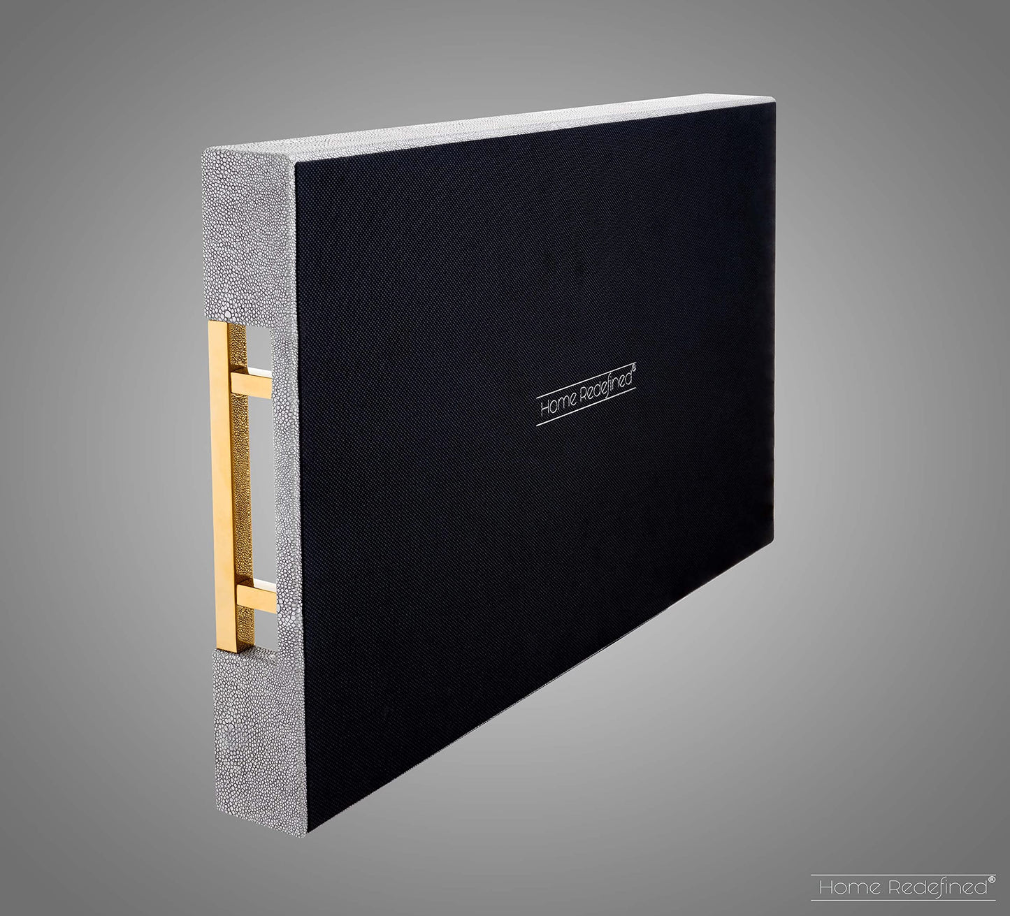Home Redefined Modern Elegant 18"x12" Rectangle Glossy Grey Shagreen Faux Leather Tray Decorative Tray Ottoman Tray Coffee Table Perfume Kitchen Serving Tray with Gold Polished Metal Handles.