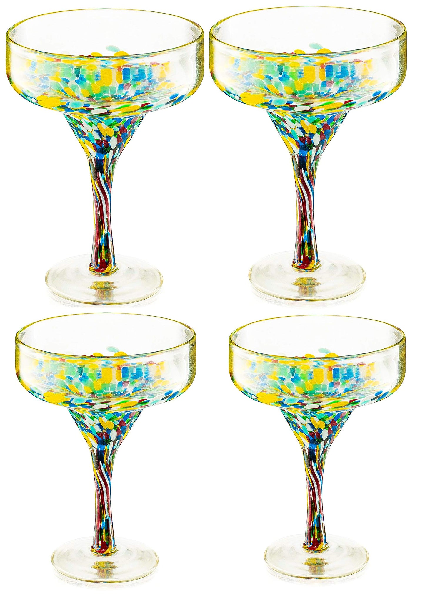 Margarita Glasses – Set of 4 - Luxury Hand Blown Confetti Margaritas, Cocktails, Water, Wine, Dessert, Martini & Champagne Cinco de Mayo, Hand Blown - Mexican Confetti Design Glass, Party, Home & Bar