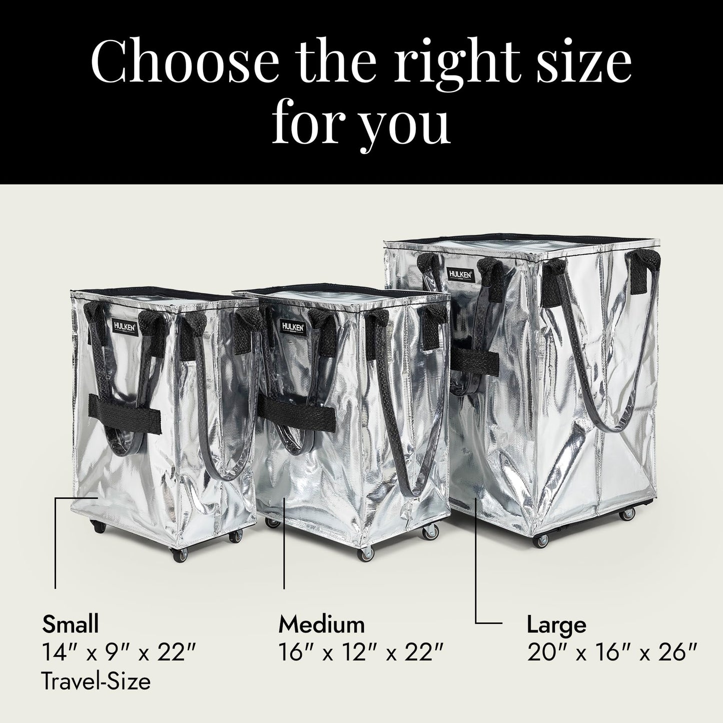 HULKEN (Medium, Silver) Reusable Grocery Bag On Wheels, Shopping Trolley, Rolling Tote, Zipper Closure, Lightweight, Carries Up to 66 lb, Folds Flat, Unbreakable Handles