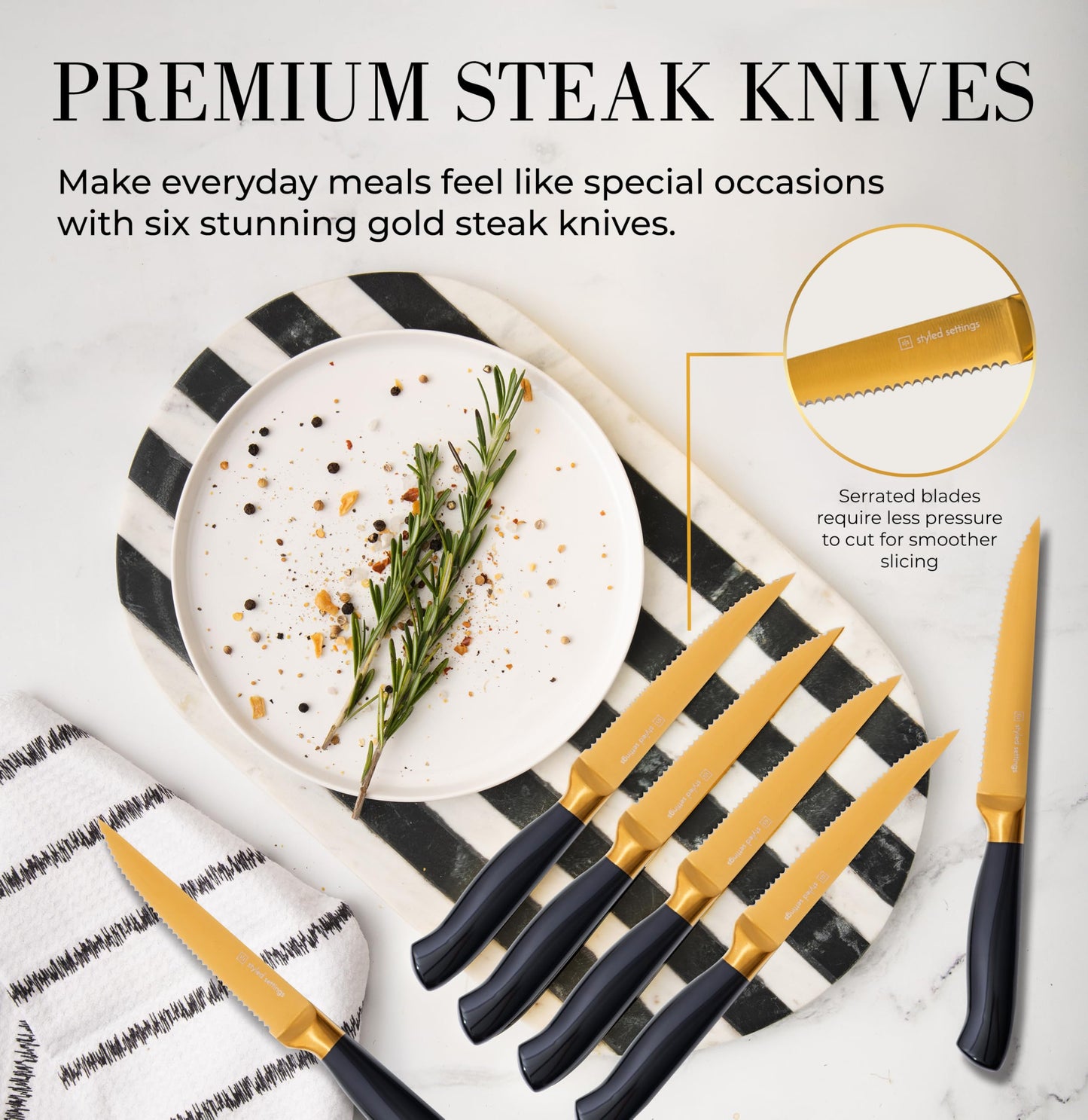 Black and Gold Knife Set with Block and Sharpener – 14-Piece Full Tang Golden Knives with Self-Sharpening Knife Block – Gold Kitchen Accessories for Cooking and Prepping; Ideal for Gifting