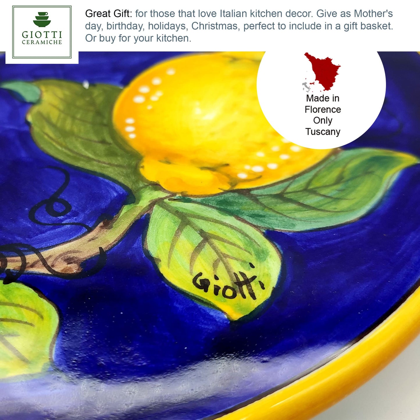Italian Ceramic Cheese Board Lemon Blue - 10.38 inch Hand Painted Serving Platter for Kitchen - Made in ITALY Tuscany - Italian Pottery Serving Dish - Home Decor Ceramics Slate Cheese Tray