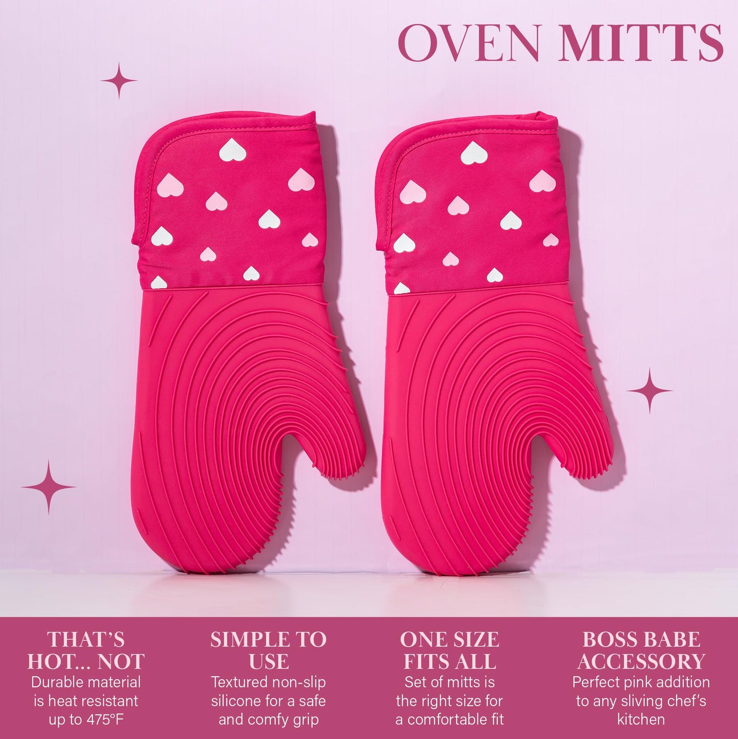 Paris Hilton Oven Mitt Set with Heart Design, Heat Resistant Pot Holders Featuring Non-Slip Textured Silicone Grips, 2-Piece Set, Pink
