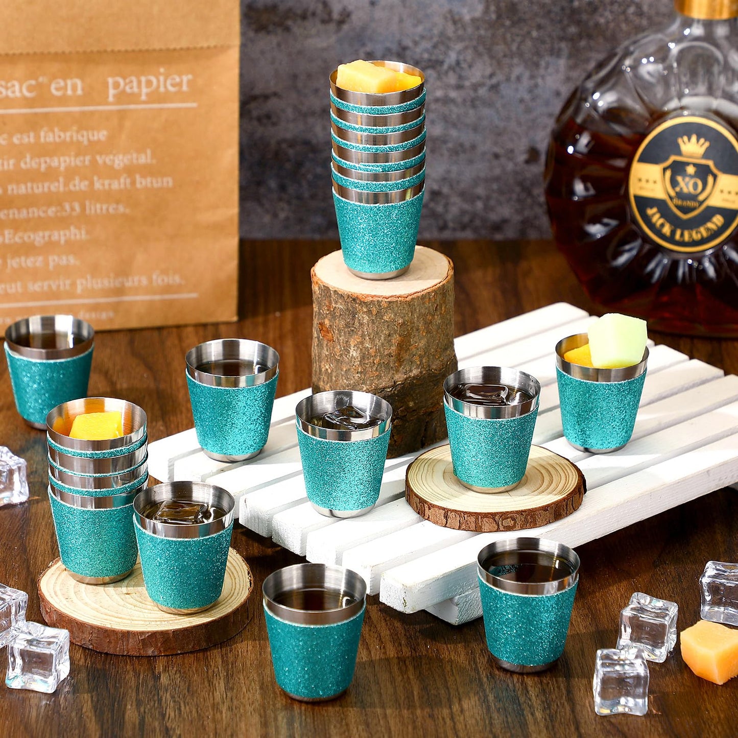 Qinyoung 50 Pcs 1 oz Stainless Steel Shot Glasses Bling Wine Glitter Metal Shot Glasses Bachelorette Wedding Valentine's Party Supplies for Espresso Whiskey Bar(Teal)