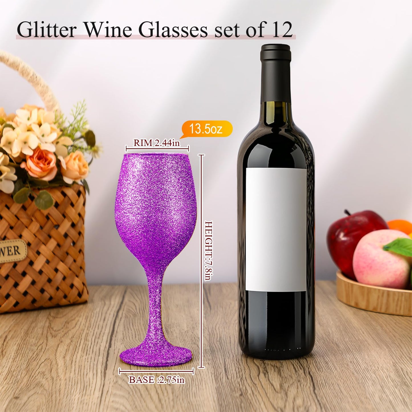 Singhoow Christmas Wine Glasses Set of 12, Glitter Long Stem Wine Glasses 13.5 oz Glitter Glass Wine Cups for Wedding, Anniversary and Home(Fuchsia)