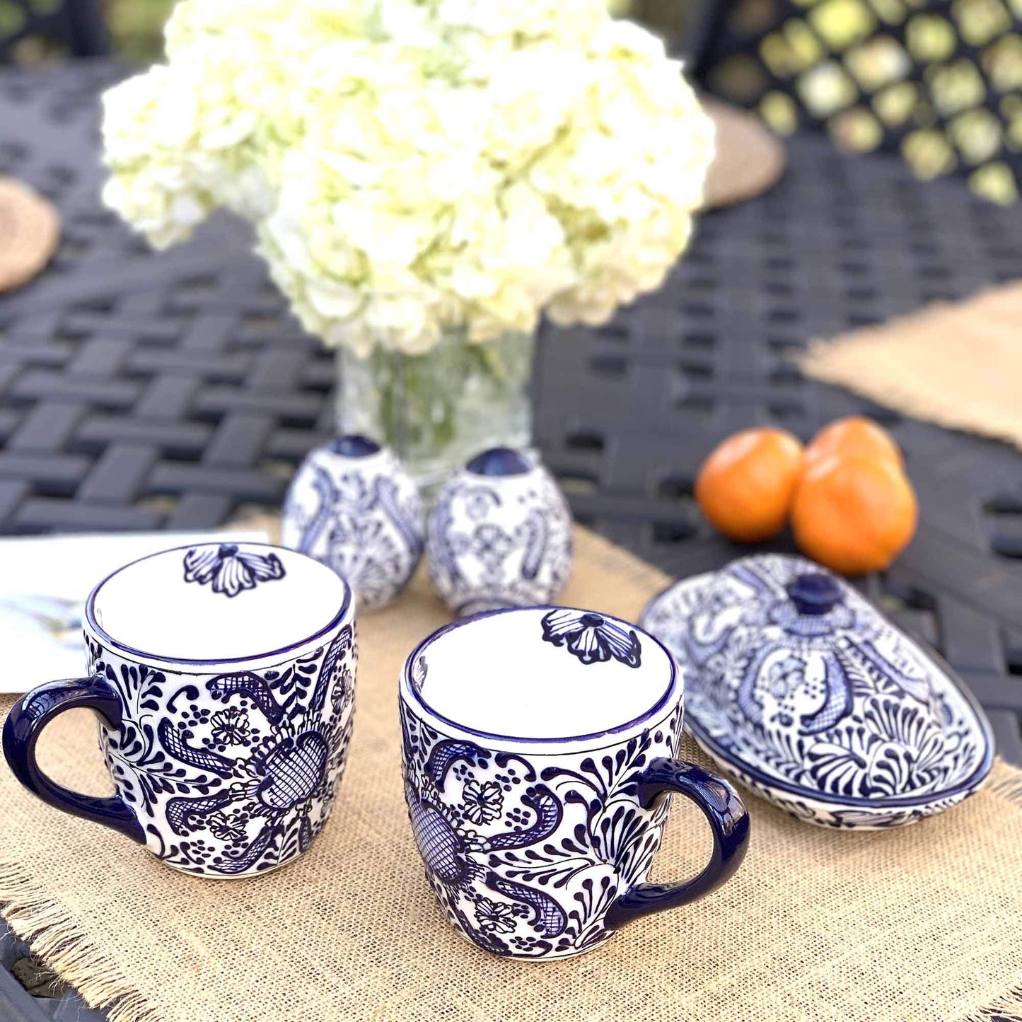Global Crafts Encantada Handmade Hand-Painted Authentic Mexican Pottery, Salt and Pepper Shaker Set, Blue Flower (MC085F-K2)