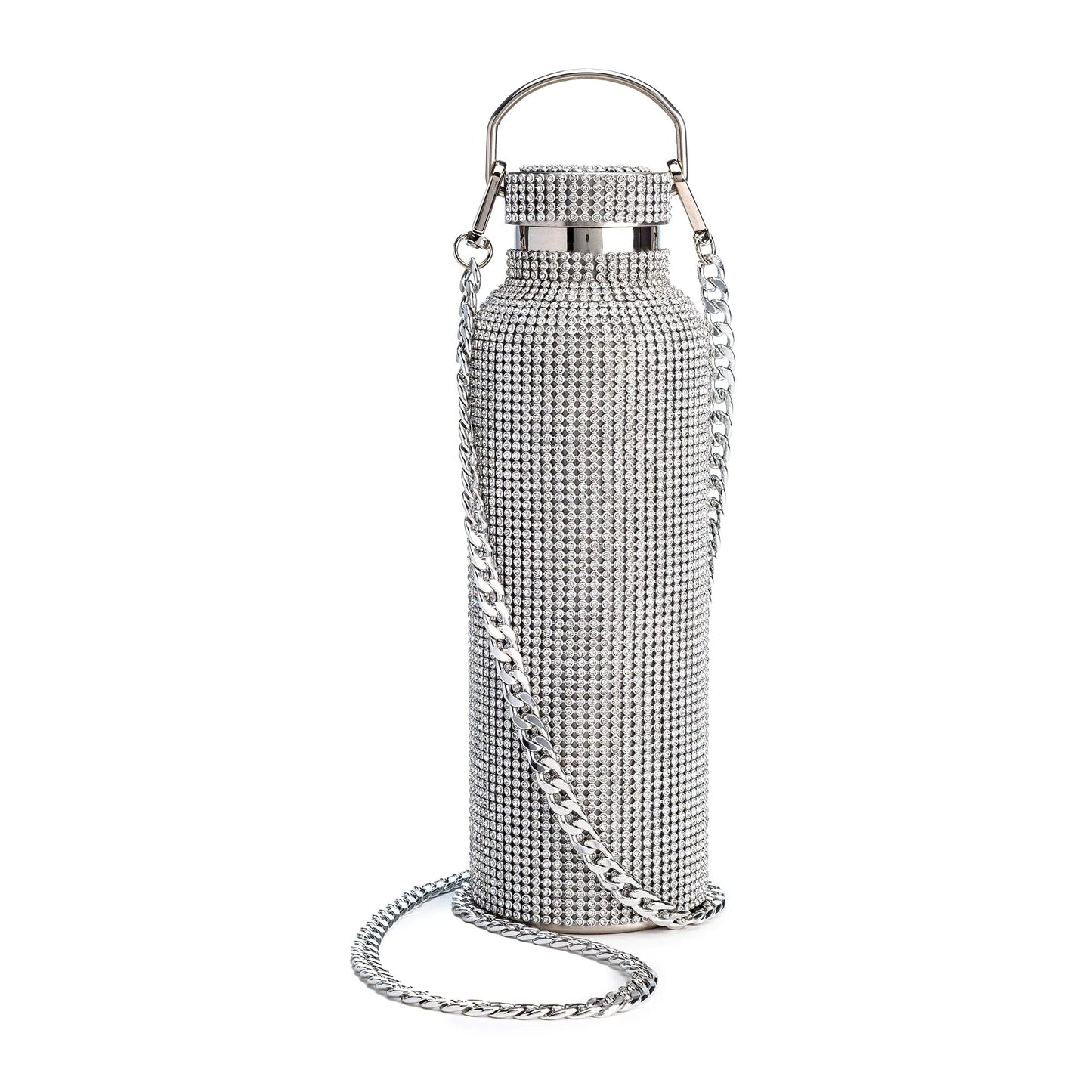 Paris Hilton Diamond Bling Water Bottle With Lid And Removable Carrying Strap, Stainless Steel Vacuum Insulated, Bedazzled With Over 5000 Rhinestones, 25-Ounce, Silver