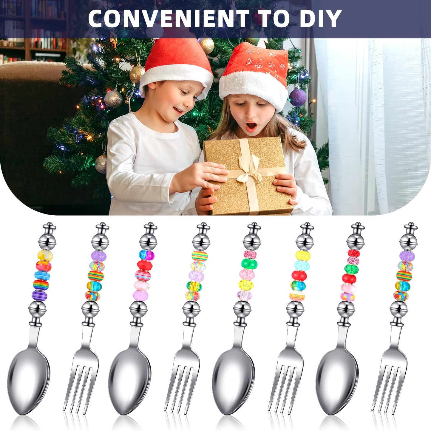 6-Piece Beadable Spoon Fork Set with 50 Assorted Large Hole Beads Stainless Steel Spoons and Forks, 3 Cute Spoons 3 Dinner Forks Bead Dessert Spoon for Party Favors DIY Project Bead Project
