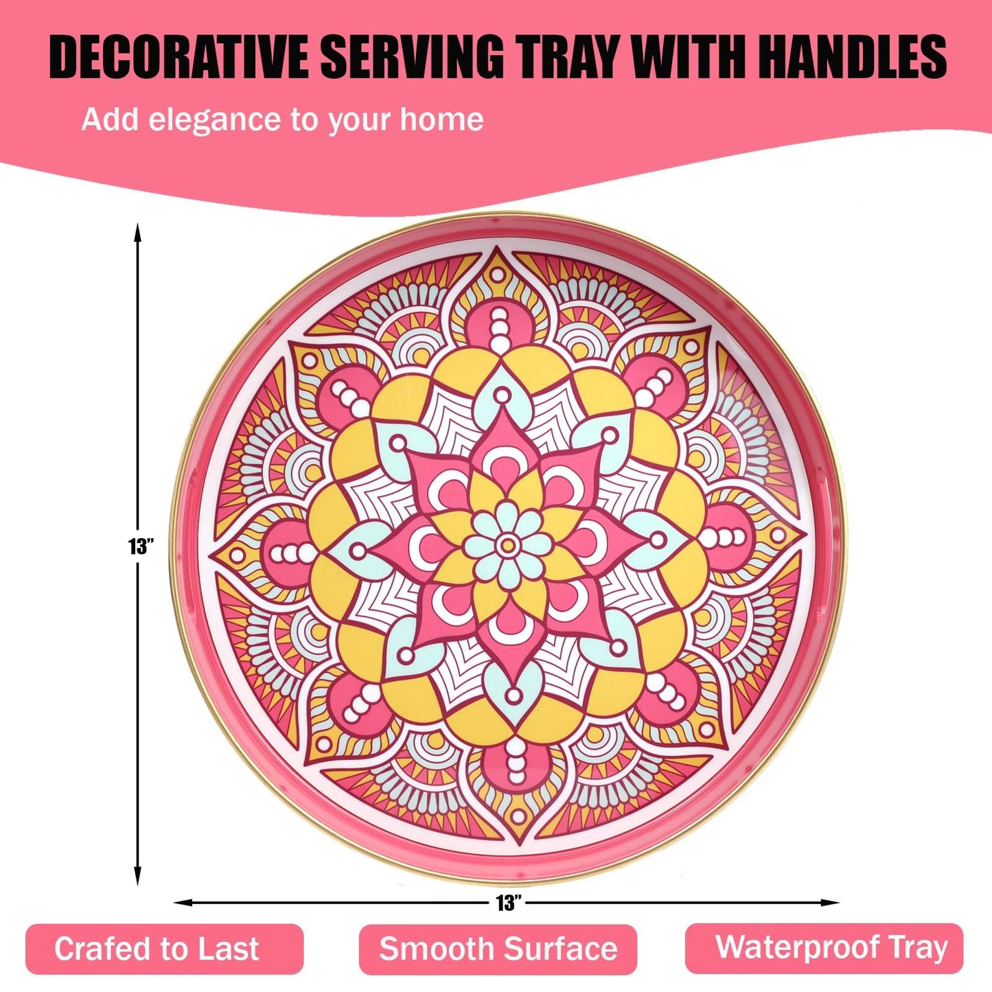 Round Pink Decorative Tray for Coffee Table, Ottoman, 13” Plastic Serving Platter Tray with Handles for Entertaining, Living Room