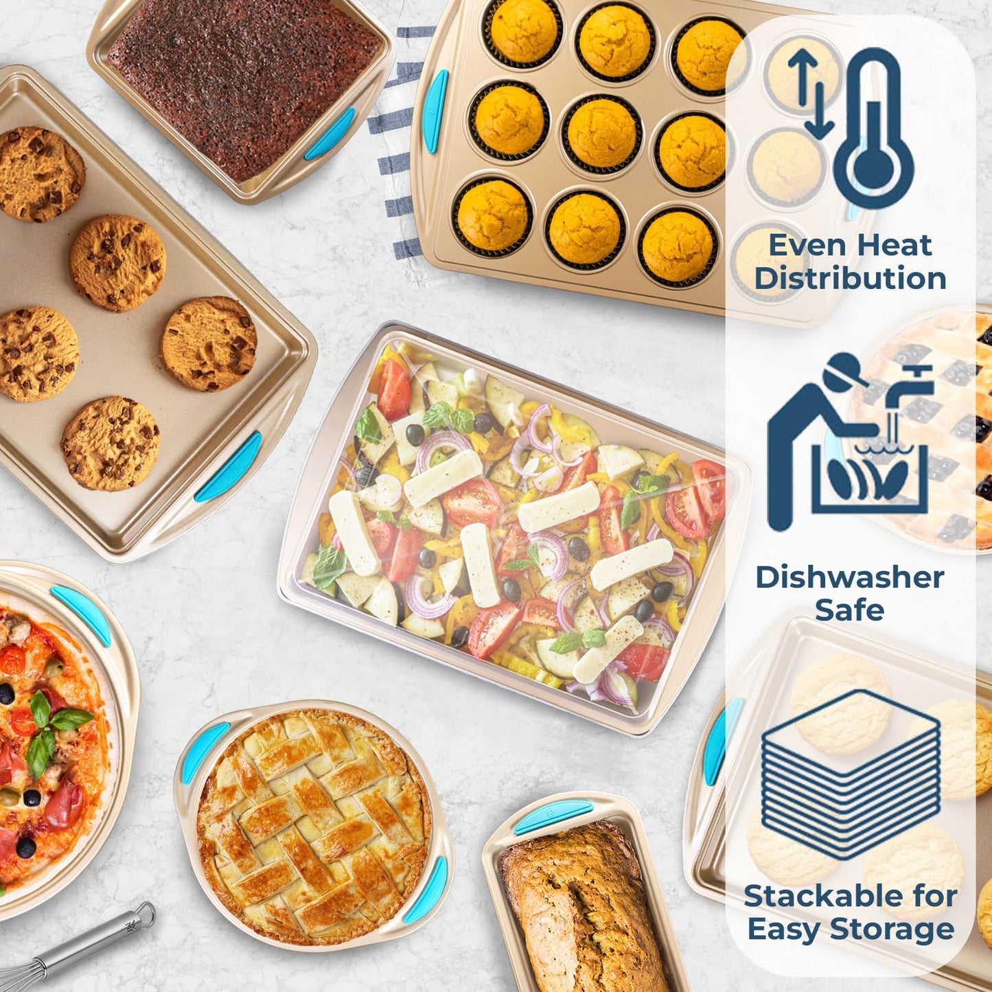 Perlli Baking Pan 10-Piece Set Nonstick Gold Steel Oven Bakeware Kitchen Set with Silicone Handles, Cookie Sheets, Round Cake Pans, 9x13 Pan with Lid, Loaf Pan, Deep Pan, Pizza Crisper, Muffin Pan
