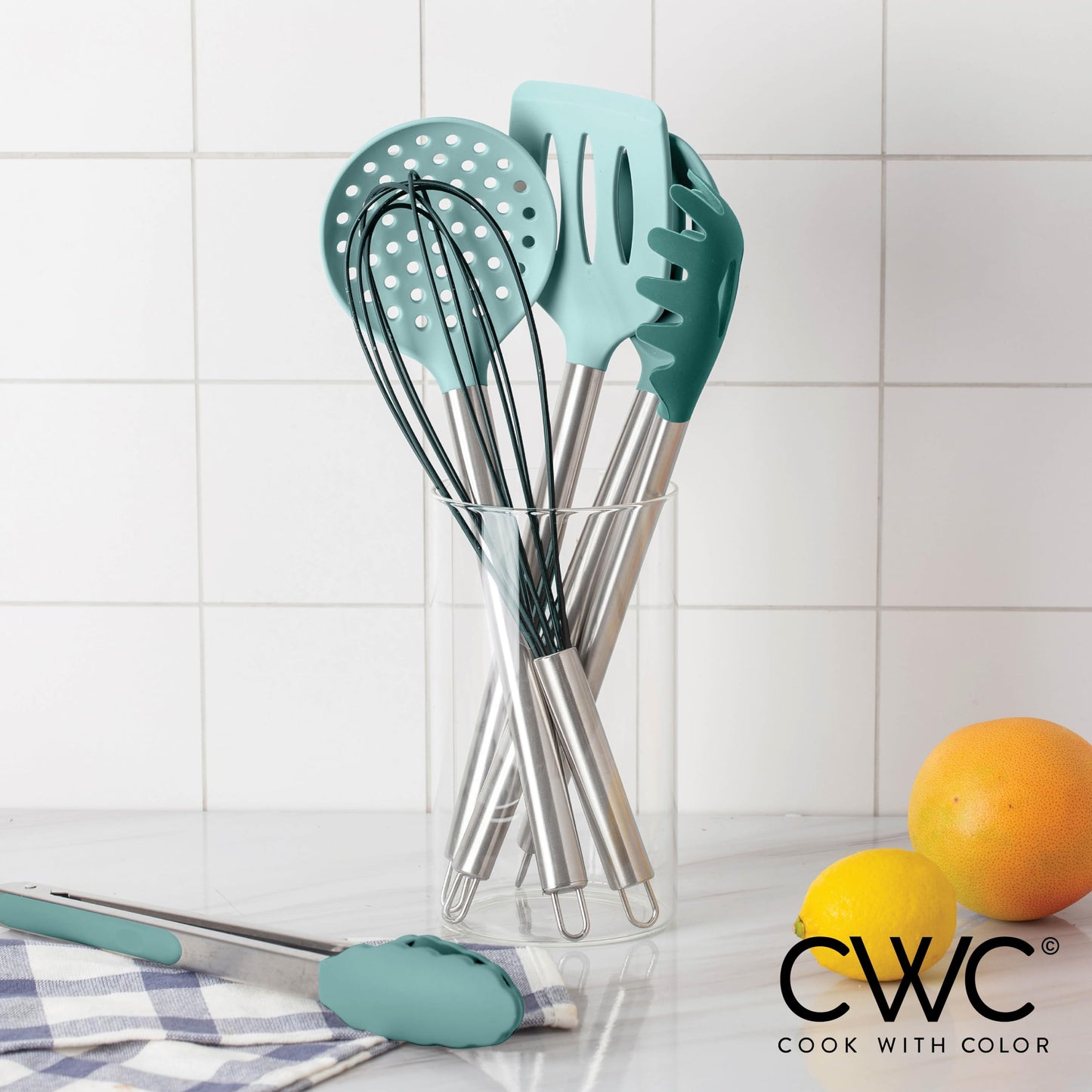 Teal COOK WITH COLOR Silicone Cooking Utensils, Kitchen Utensil Set, Easy to Clean Silicone Kitchen Utensils, Cooking Utensils for Nonstick Cookware, Kitchen Gadgets Set, 10 Pieces, Teal