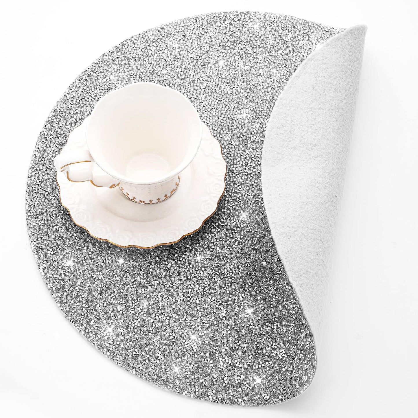 Cumouna Silver Placemat Sparkle Crushed Rhinestones Round Washable Elegant Glitter Table Mat for Fall Halloween Wedding Christams Kitchen Home Decor Housewarming Gifts (15 Inch)