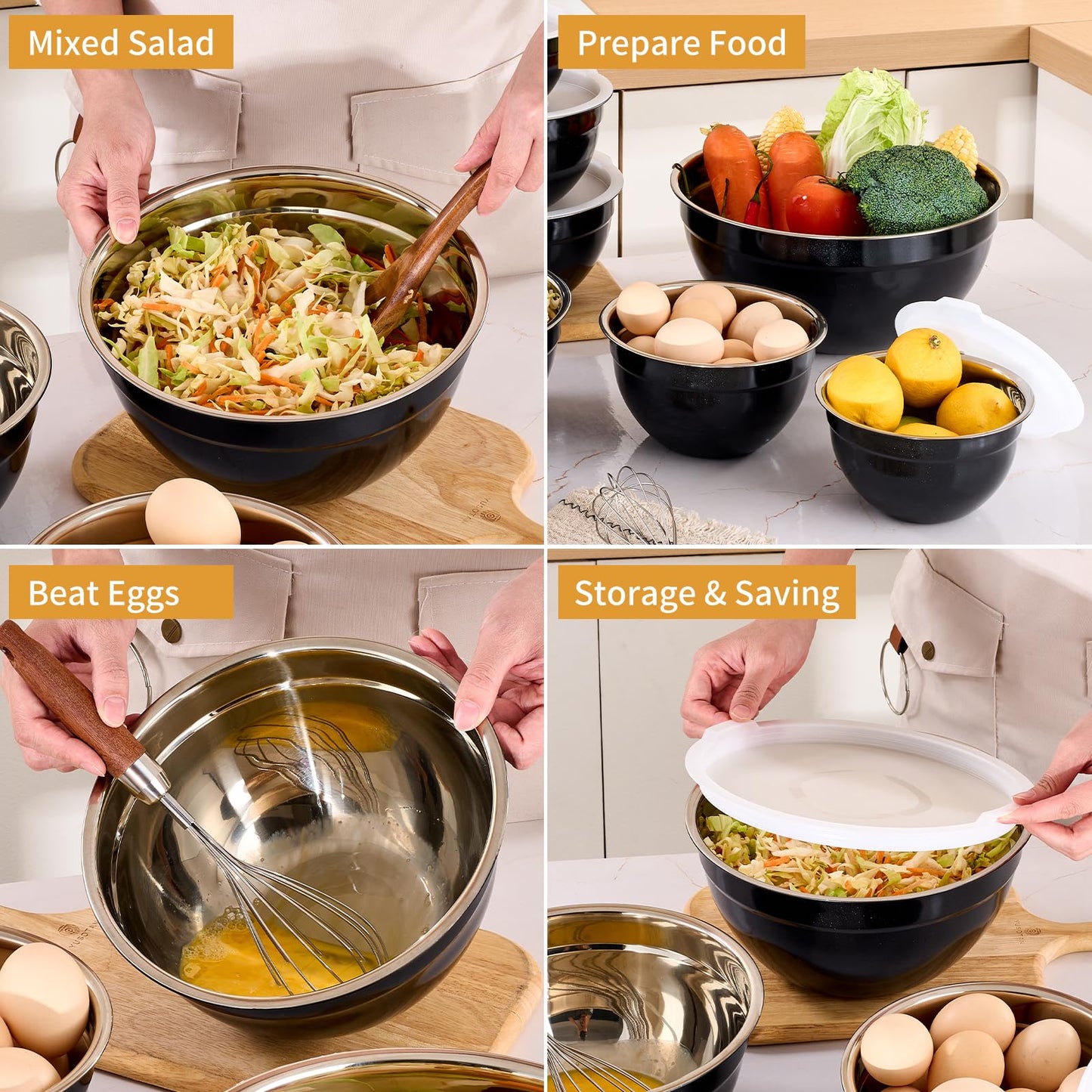 Moxinox Black Mixing Bowls with Airtight Lids, Stainless Steel Nesting Mixing Bowls Set of 7, Ideal for Baking, Prepping and Serving Food, Size 7, 3.6, 2.7, 2.1, 1.5, 1.1,0.8 QT, Stackable Design