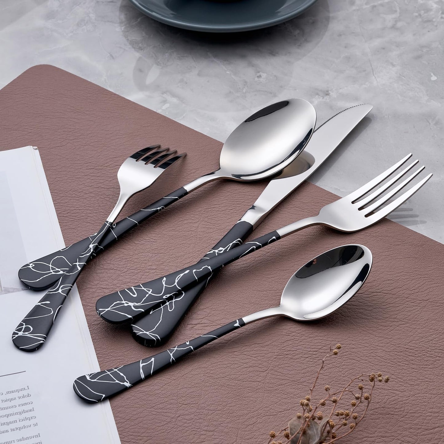 Black Cracks 20-Piece Silverware Set 18/0 Stainless Steel Silverware Set Cutlery Black Set Service for 4 Dinner Knives Forks Spoons Set Flatware Set Finish Dishwasher Safe