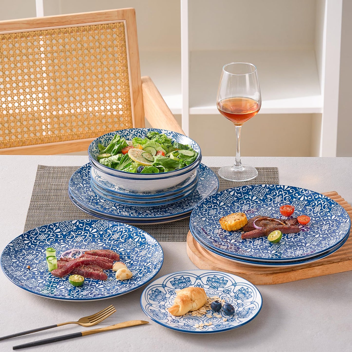 Bestone Ceramic 12-Pieces Dinnerware Sets, Ceramic Dish Plates and Bowls Sets, Dishes Set for 4, Dinner Salad Dessert Plates, and Cereal Bowls Set, Gift,Vintage Blue