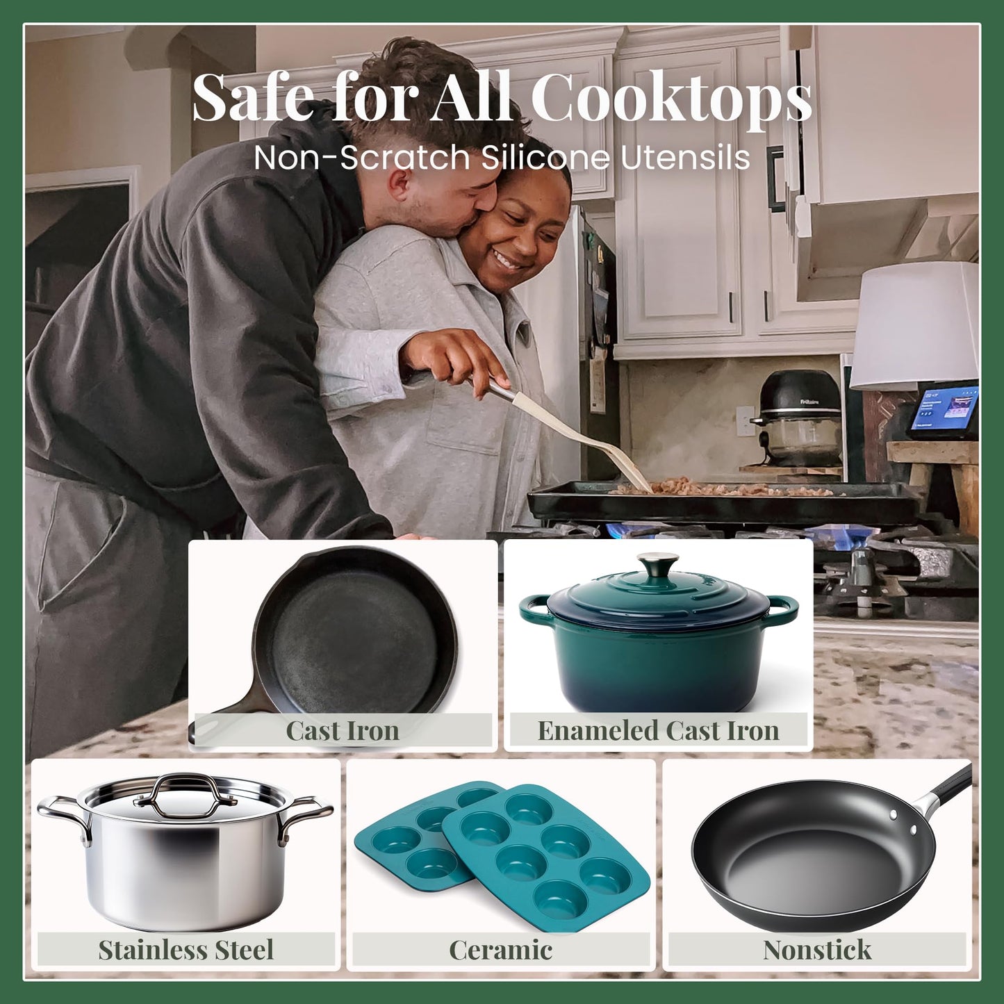 Bondi Teal 12-Piece Silicone Cooking Utensils Set | Silicone Utensils with Stainless Steel Handle and Ceramic Holder | Kitchen Utensils Set | Dishwasher Safe Set of Kitchen Essentials | Bondi