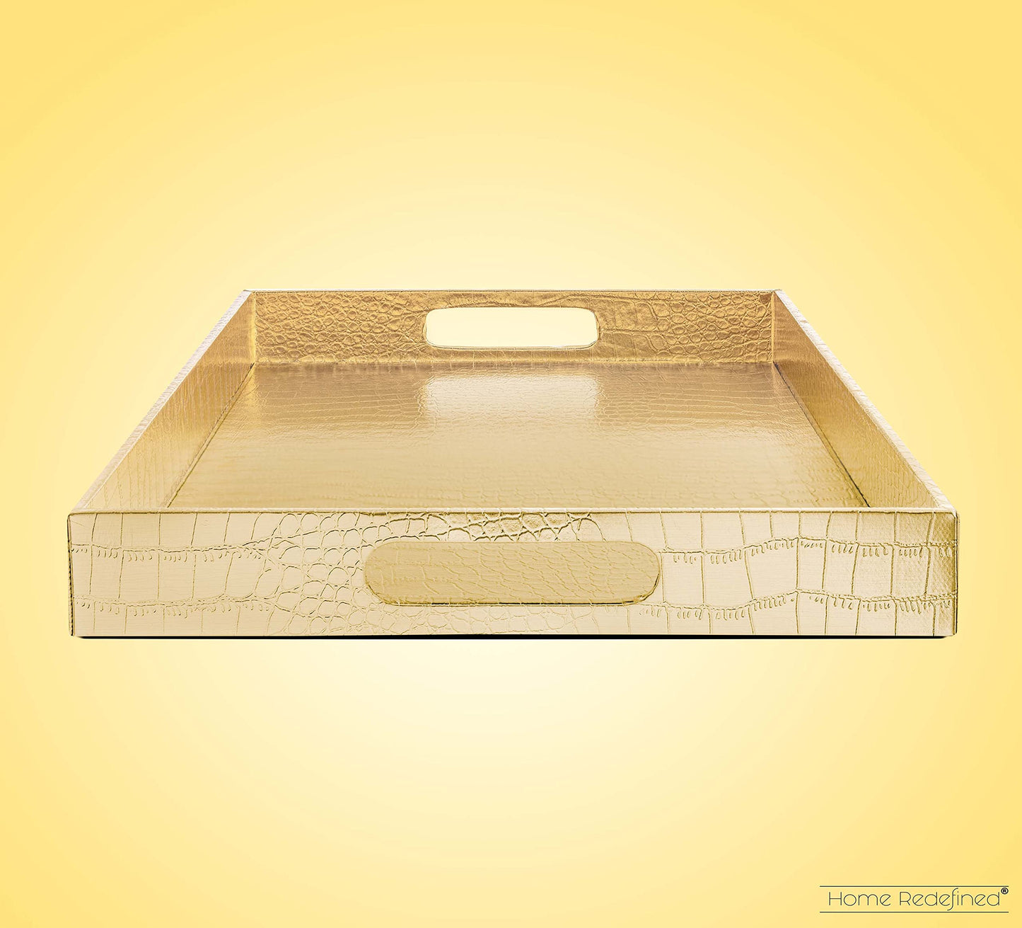 Home Redefined 18"x12" Gold Glossy Crocodile Faux Leather Serving Tray Beautiful Modern Elegant Decorative Tray with Handles Ottoman Coffee Table Tray for All Occasion's