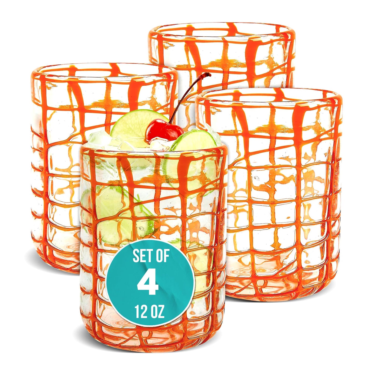 IMPULSE! Checkered Abstract Orange Drinking Glasses Set of 4 - Classic Old Fashioned, Negroni, Scotch, Mixed Cocktails - Versatile for Soft Drinks - Dishwasher Safe - Drinkware Glasses Set