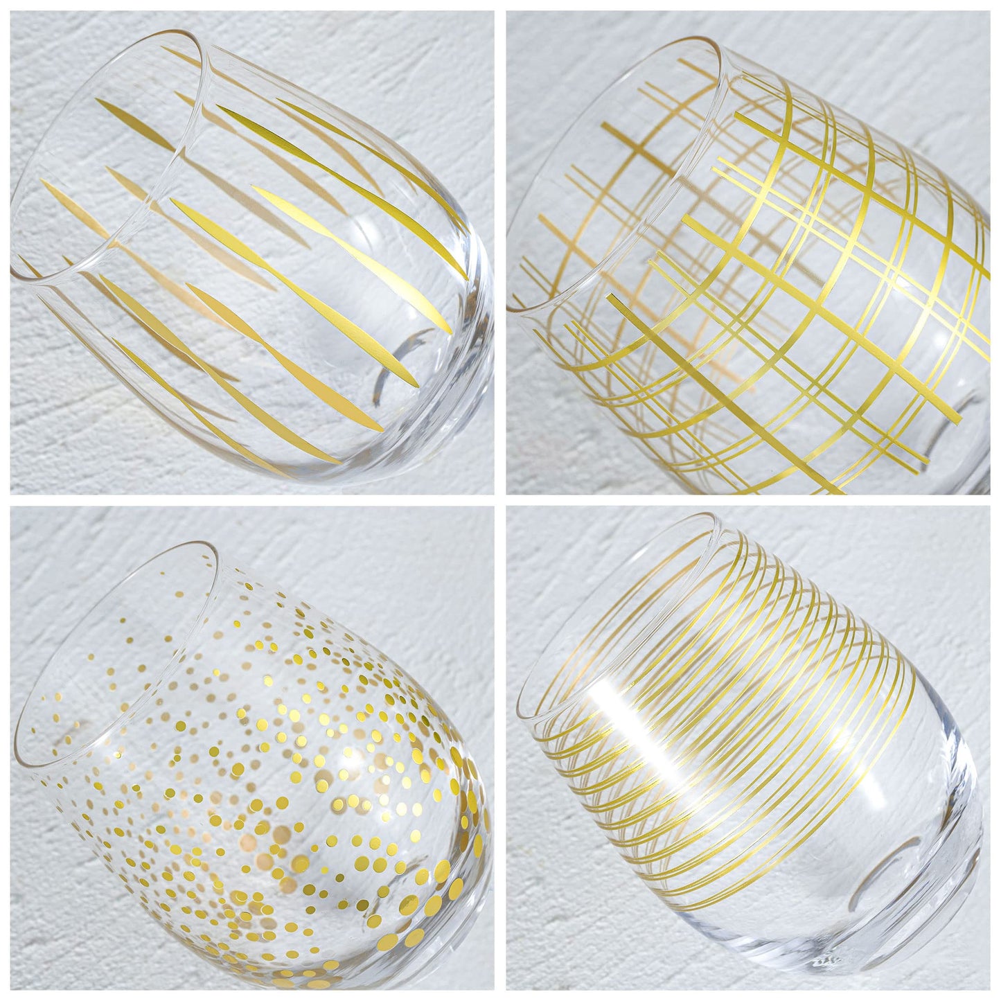 Joeyan Hand Blown Stemless Wine Glasses with Gold Dots Swirls Grids Strips Pattern for Red White Wine,Large Drinking Glass Cups,Wine Glass Tumblers for Wedding Party Home,Set of 4,17.5 oz