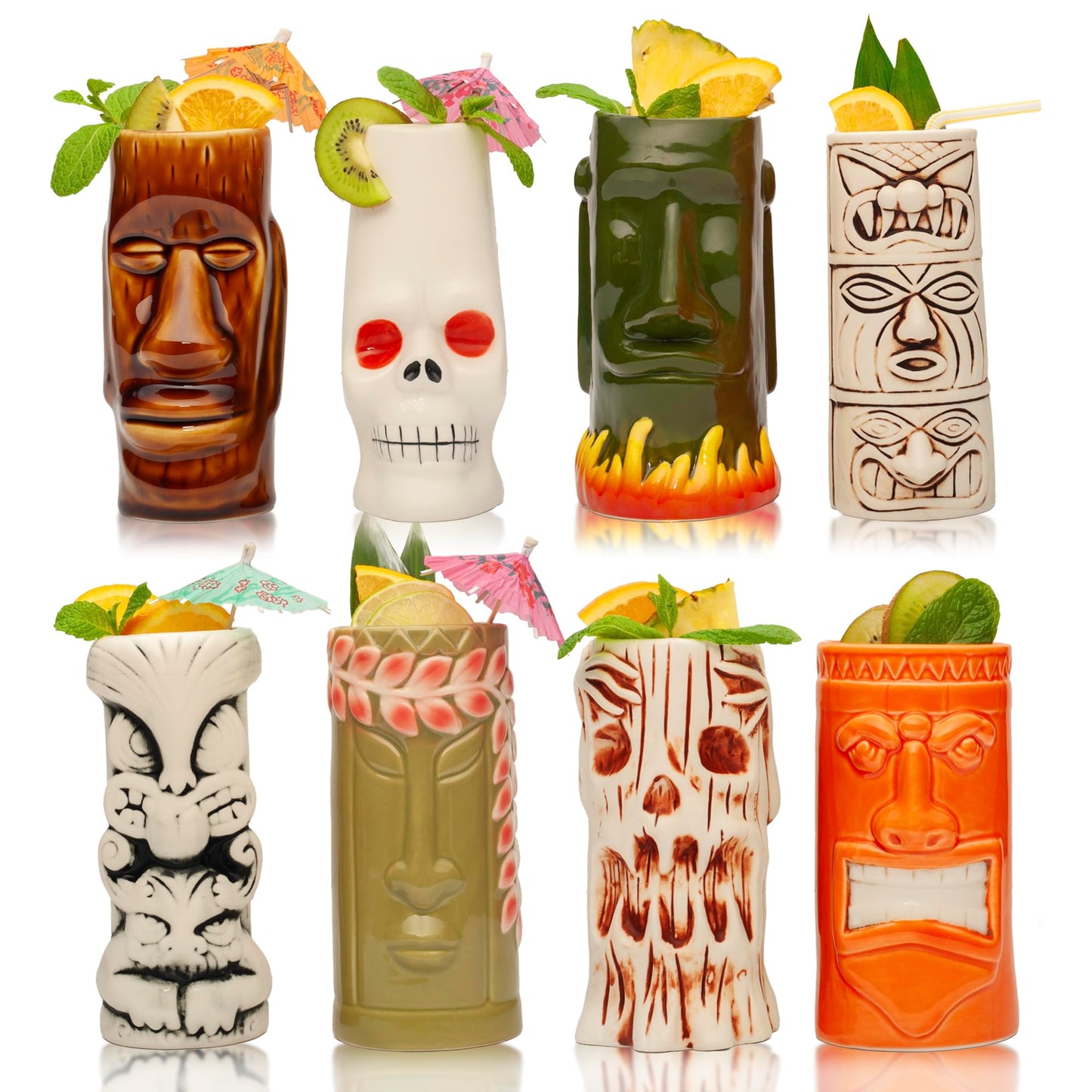 LEMONSODA Hard-Carved and Hand-Painted Tiki Mugs - Set of 8 - Ceramic Hawaiian Luau Party Mugs Drinkware, Cute Exotic Cocktail Glasses, Tiki Bar Hawaiian Party Barware - 18-23.5oz