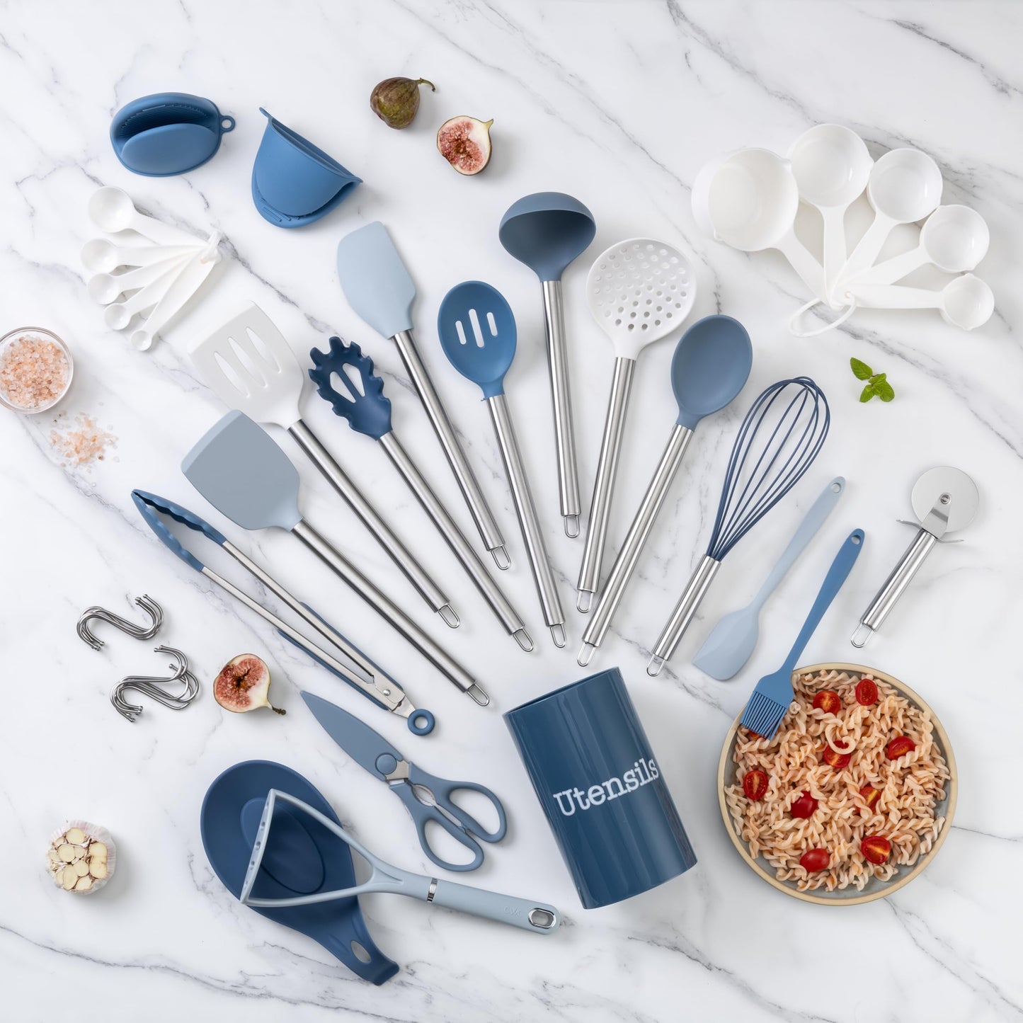 Blue and White 38-Piece COOK WITH COLOR Silicone Cooking Utensils, Kitchen Utensil Set, Easy to Clean Silicone Kitchen Utensils, Cooking Utensils for Nonstick Cookware, Kitchen Gadgets Set, 38 Pieces, Blue and White